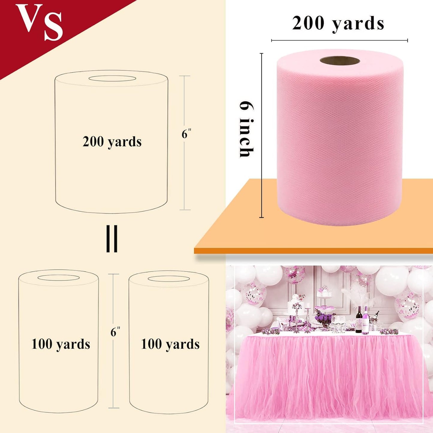 Pink Tulle Fabric Rolls 6 Inch by 200 Yards (600 feet) Fabric Spool Tulle Ribbon for DIY Pink Tutu Bow Baby Shower Birthday Party Wedding Decorations Craft Supplies