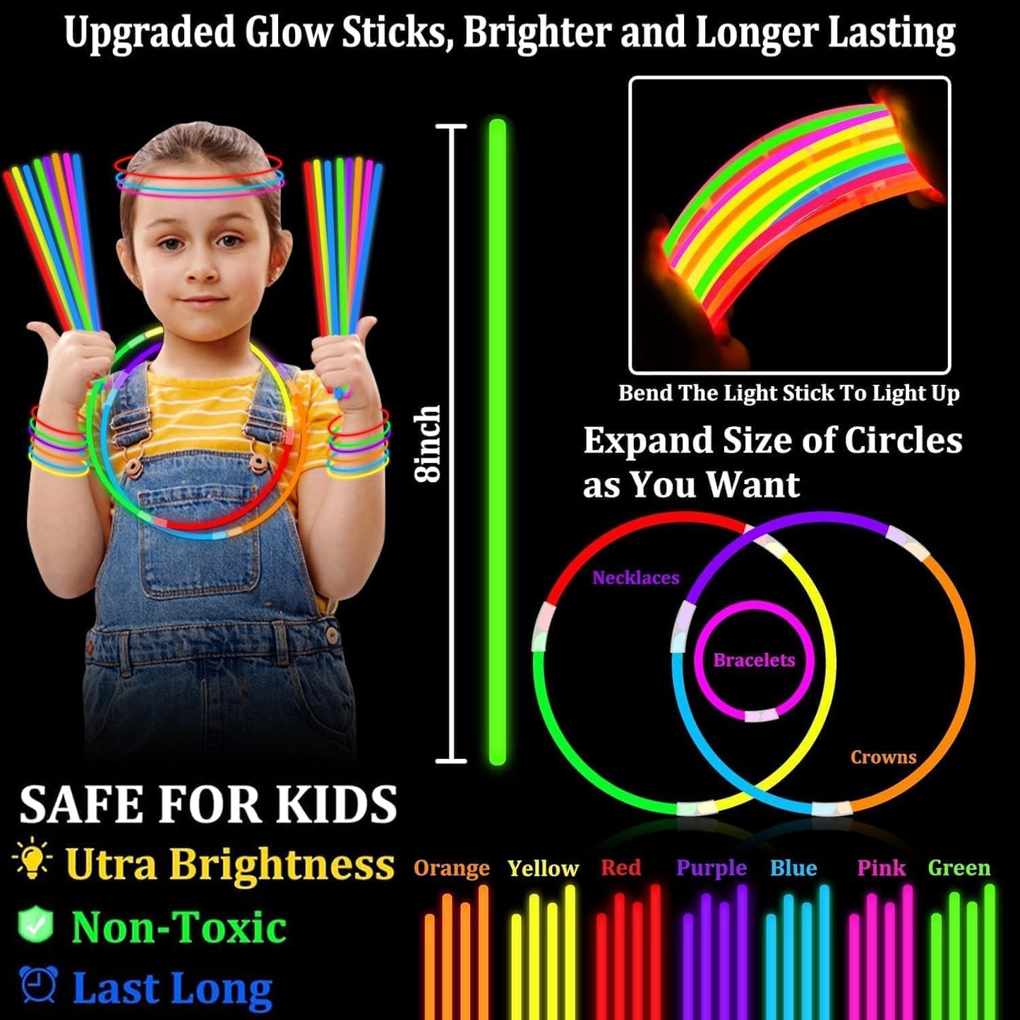 TURNMEON 960 Pack Ultra Bright Halloween Glow Sticks Bulk Party Pack Halloween Glow In The Dark Halloween Party Supplies Favors Glow Sticks Necklaces Bracelets with Connectors 8" Glow stick Light Up