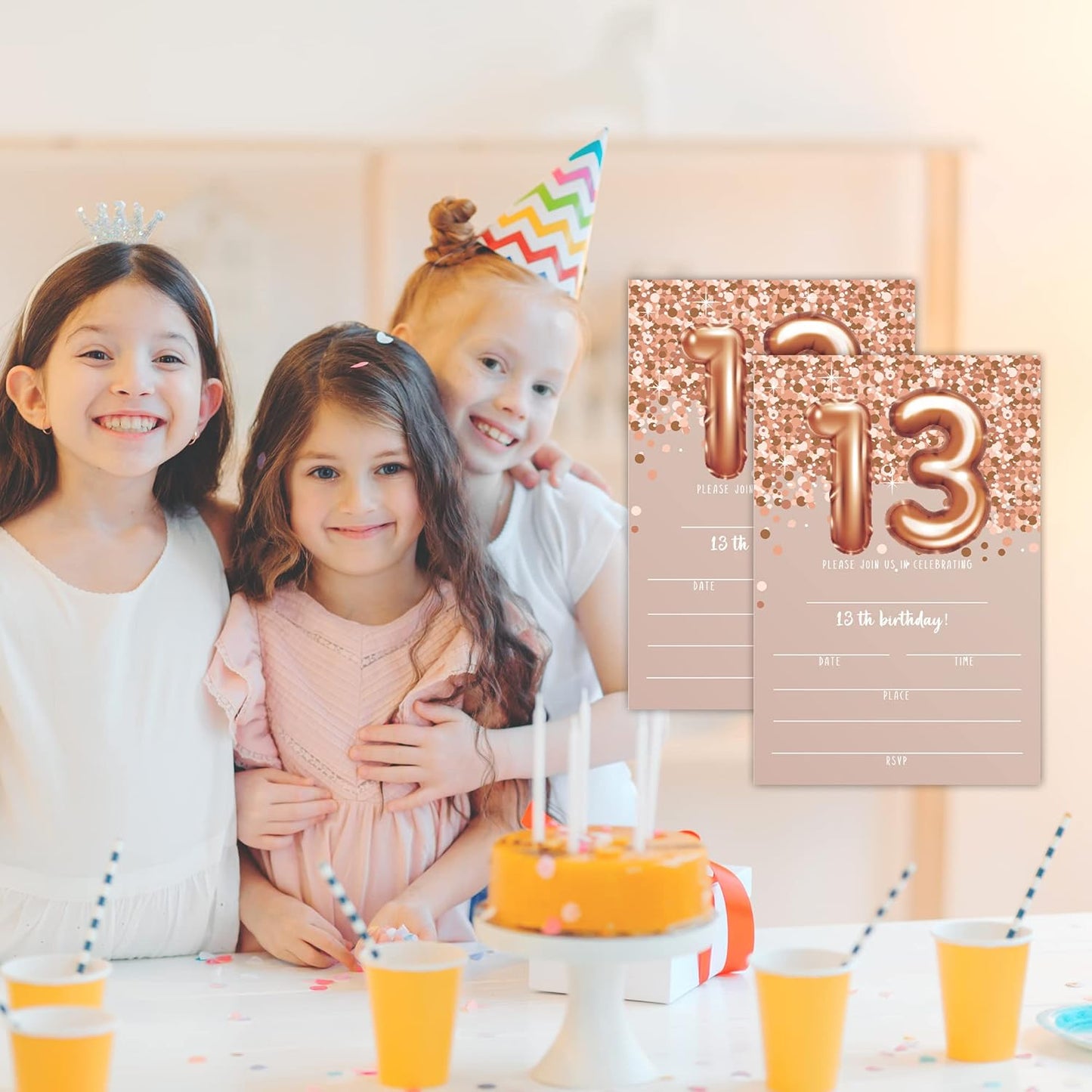 13th Birthday Invitation Cards, Rose Gold Glitter 13th Birthday Party Invites, Kids Happy Birthday Party Decorations Supplies, 20 Fill-in Cards with Envelopes for Boys or Girls Party Celebration - C05