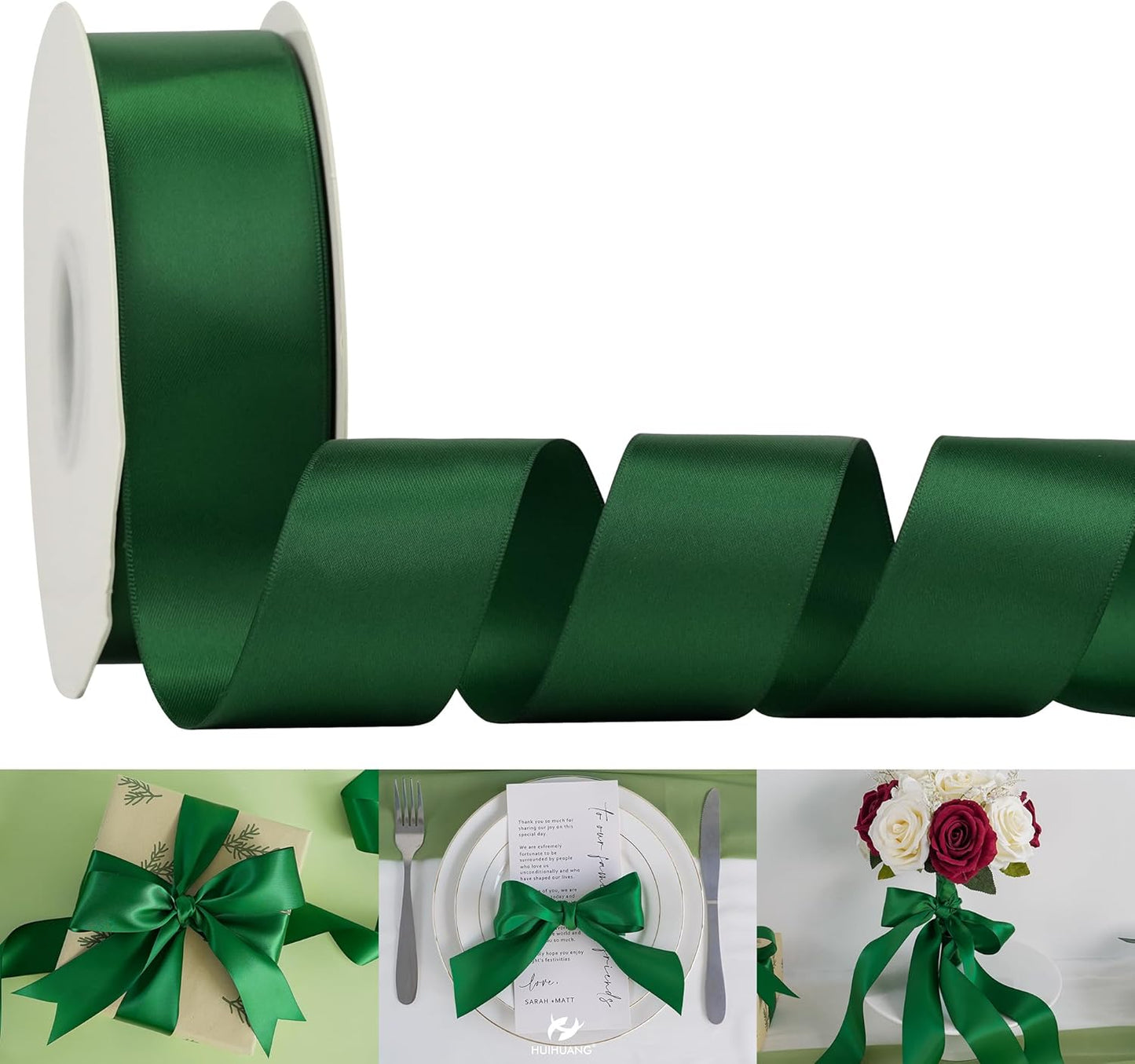 HUIHUANG 1-1/2 inch Double Face Satin Ribbon, Polyester Forest Green Ribbon 50 Yards Per Roll for Gift Wrapping Bows Making Floral Bouquet Christmas Tree Decor Party Favor and Craft Supplies