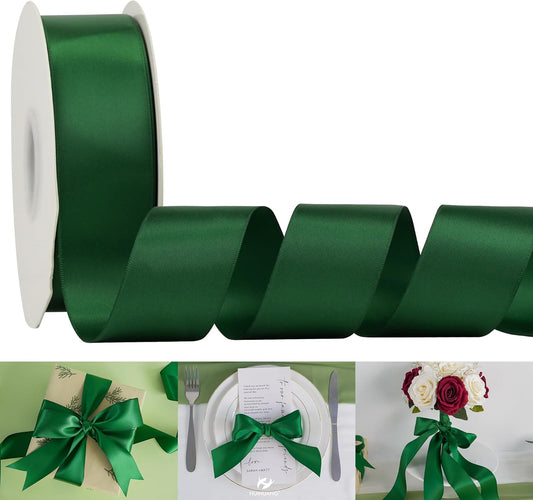 HUIHUANG 1-1/2 inch Double Face Satin Ribbon, Polyester Forest Green Ribbon 50 Yards Per Roll for Gift Wrapping Bows Making Floral Bouquet Christmas Tree Decor Party Favor and Craft Supplies