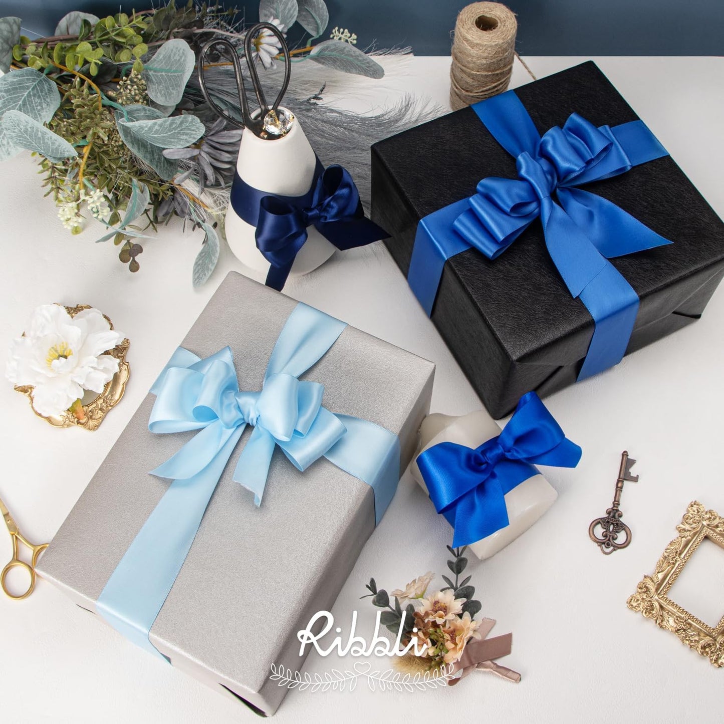 Ribbli Blue Satin Ribbon 1-1/2 Inch x 4 Rolls Total 40 Yards- Baby Blue/Royal Blue/Electric Blue/Navy Ribbon for Gift Wrapping Craft Wedding Decoration