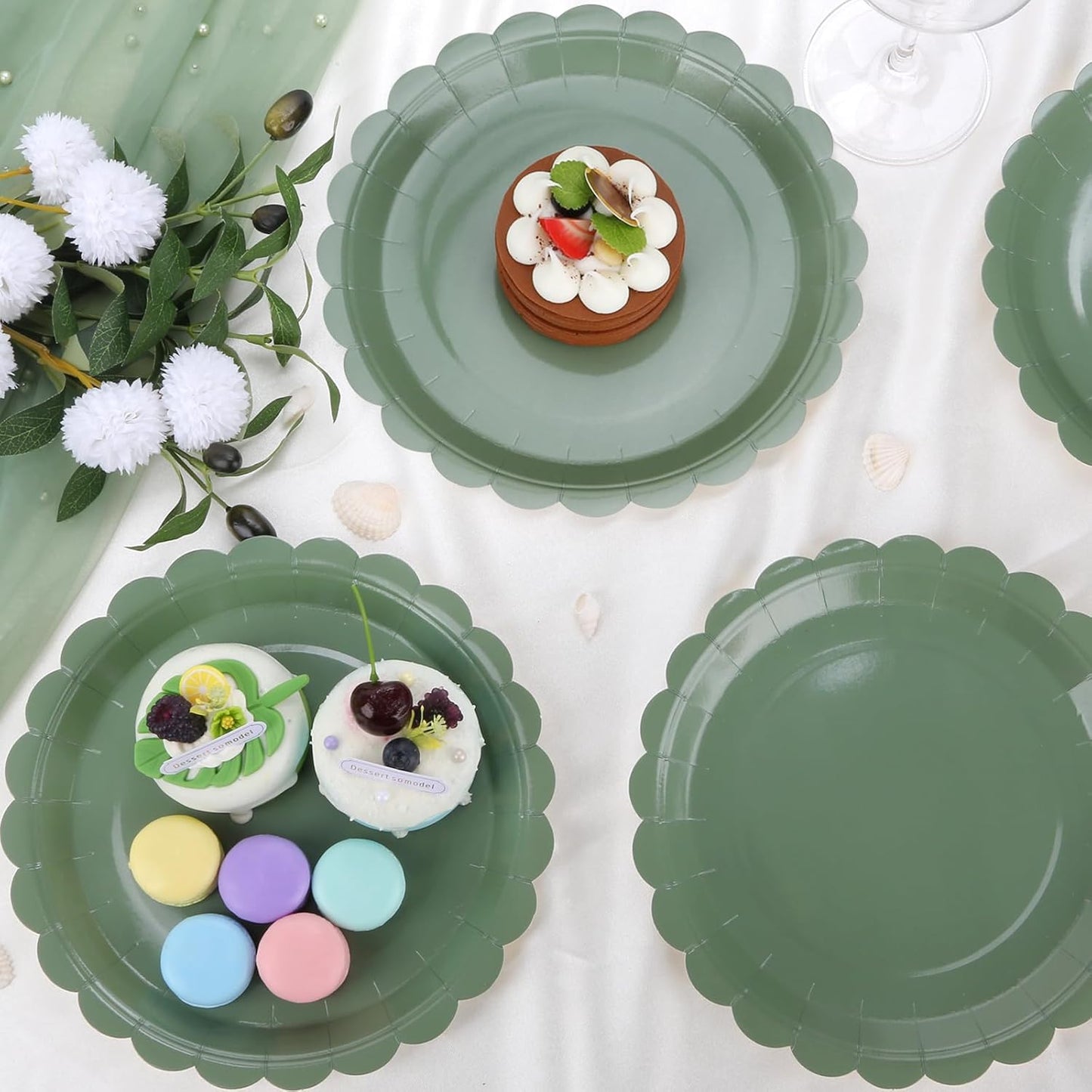24 Pcs Sage Green Paper Plates 9 Inch Scalloped Dessert Plates - Disposable Sage Green Cake Plate - Baby Shower Birthday Party Wedding Bridal Party Supplies