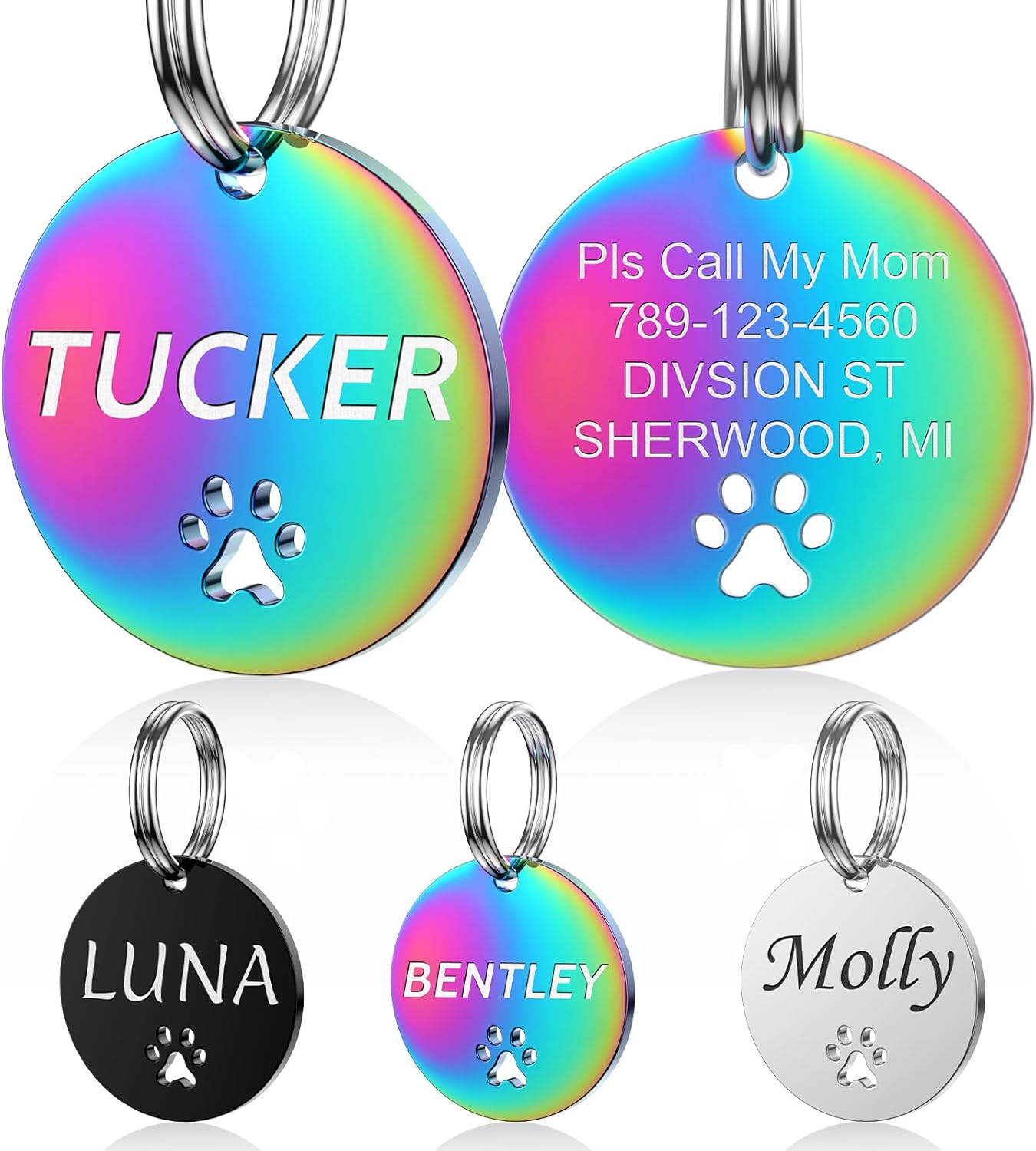Dog Tags Personalized for Pets - YEHANTI Personalized Dog Tags with Dog Paw, Durable Stainless Steel Pet ID Tags for Small Large Dogs Cats, Custom Dog Name Tags Engraved on Both Sides (Round)
