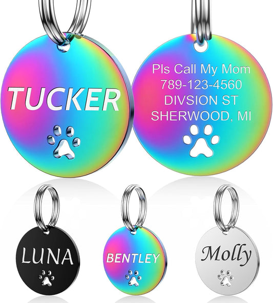 Dog Tags Personalized for Pets - YEHANTI Personalized Dog Tags with Dog Paw, Durable Stainless Steel Pet ID Tags for Small Large Dogs Cats, Custom Dog Name Tags Engraved on Both Sides (Round)