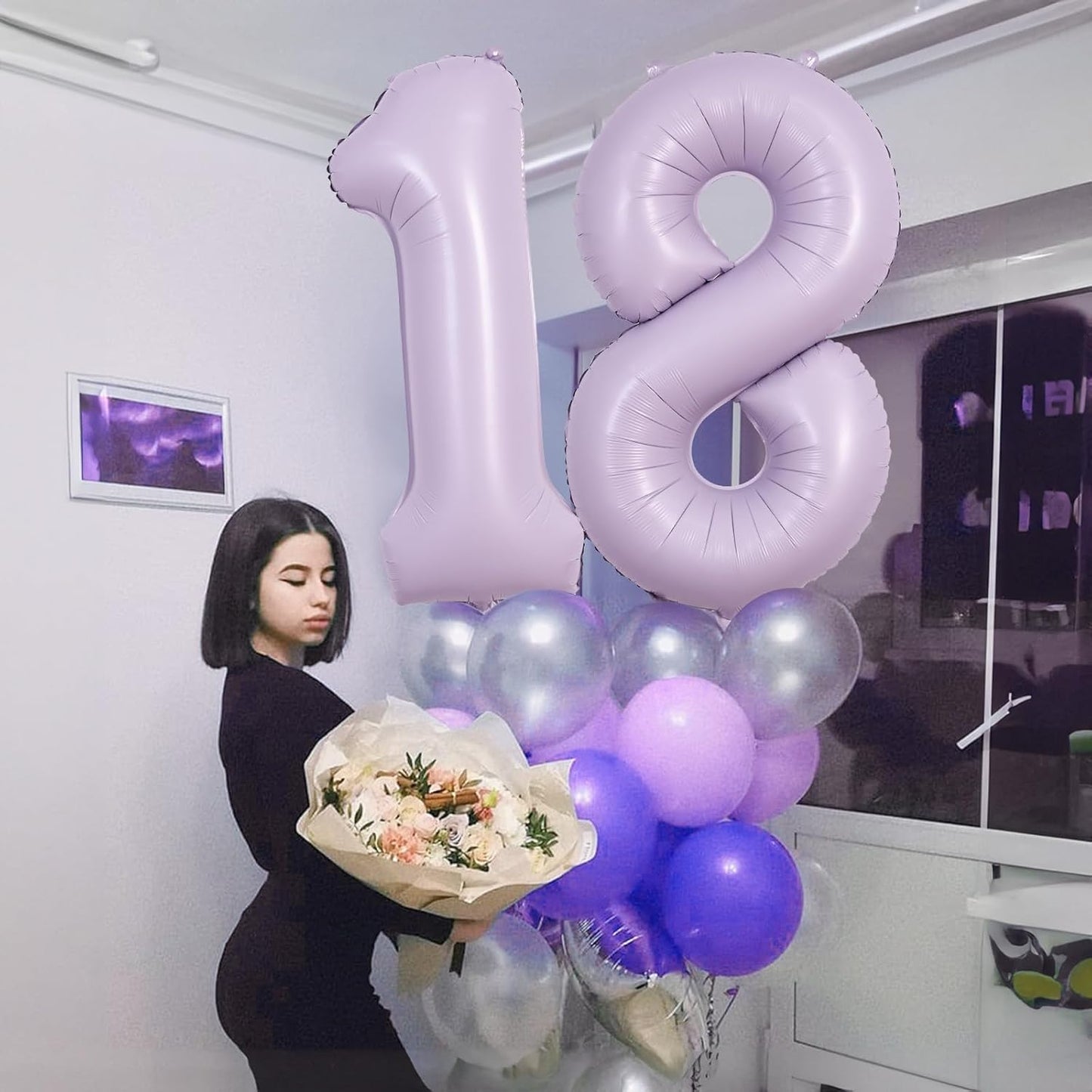 Light Purple Number 8 Balloons, 40 Inch Giant Dusty Pastel Purple Mylar Foil Number 8 Ballon for Girls, Self Inflating 8th Birthday Helium Balloon for Women 8th Anniversary Party Decorations Supplies