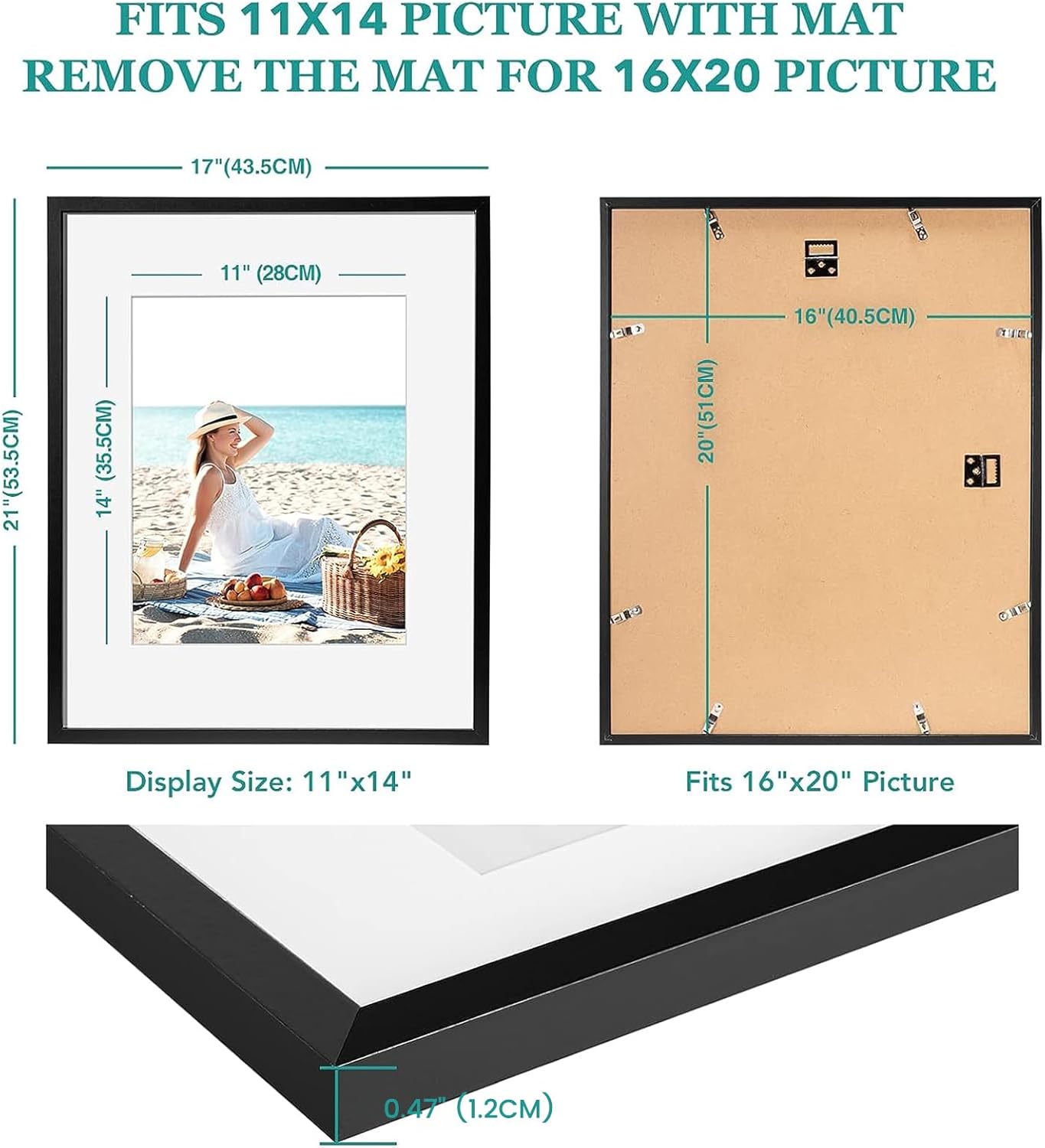 TWING 16 x 20 Picture Frame Set of 6, Classic Picture Frames Display Pictures 11x14 with Mat or 16x20 Without Mat, Wall Mounting Home Decor Collage Photo Frames Poster Frame Black Composite Wood