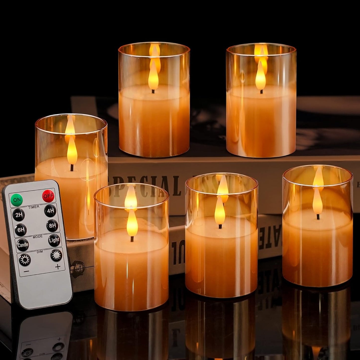 6Pack Glass Flickering Flameless Candles with Remote, 2"X3" Real Wax Votive Candles Battery Operated, Small Electric LED Candles for Wedding Home Decor, w/4 Timers+2 Lighting Modes [Gold]