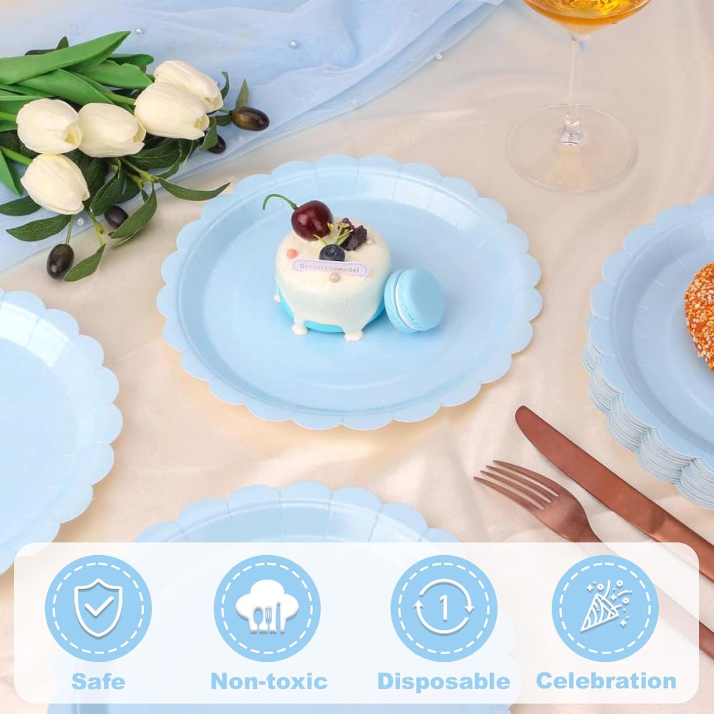 48 Pcs Light Blue Paper Plates 9 Inch Scalloped Dessert Plates - Disposable Light Blue Cake Plate - Baby Shower Birthday Party Wedding Bridal Party Supplies