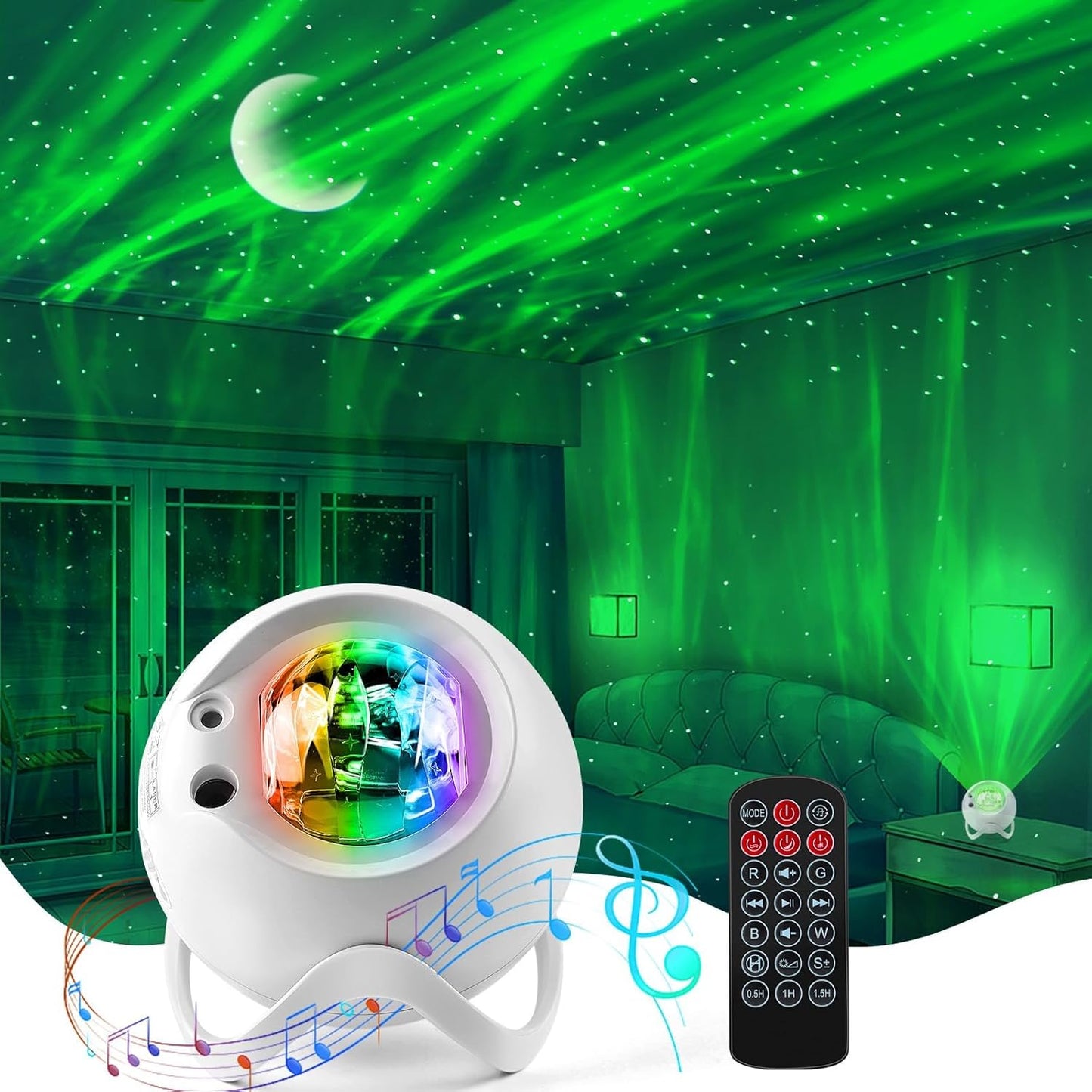Aurora Northern Lights Projector: 60+ Light Effects White Noise Stars Sky Moon Lights for Bedroom Bluetooth Remote Timer Multi Colors, Mood Lighting Room & Classroom Decor