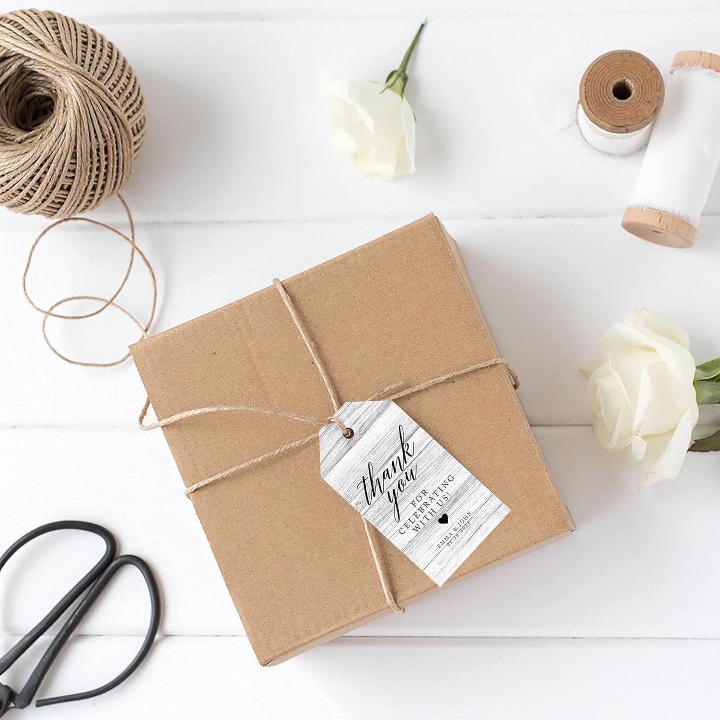 Andaz Press 100-Pack Personalized Thank You Tags with Bakers Twine - Gray Rustic Wood Custom Cardstock Wedding Gift Tags - 2 x 3.75-Inches