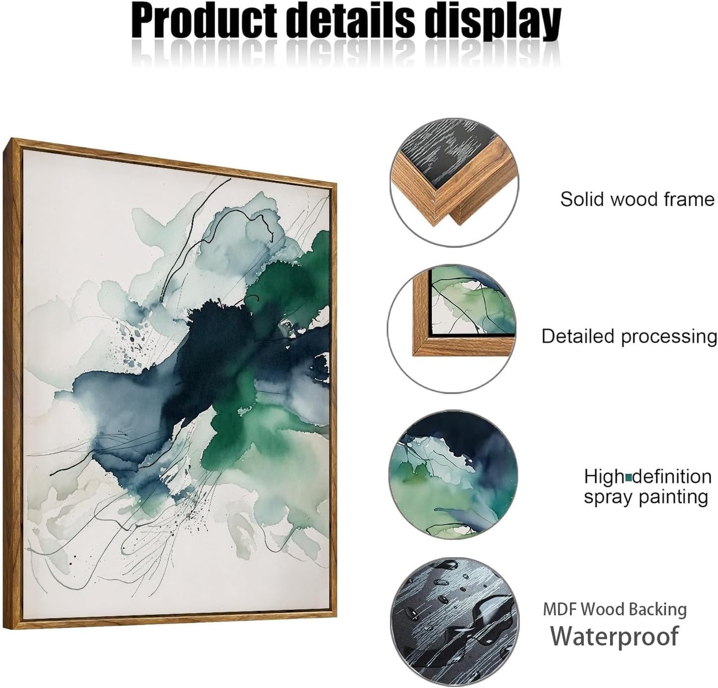 myusuar 3 Piece Large Abstract Framed Wall Art For Living Room, Smoke Texture Ink Emerald Green Canvas Wall Art Modern Minimalist Art Prints Wall Décor For Bedroom Office 24x36in