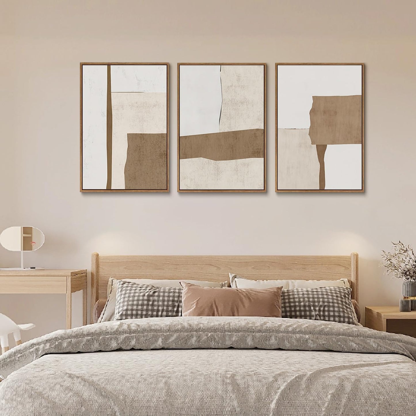 myusuar 3 Piece Large Modern Abstract Canvas Framed Wall Art For Living Room, Brown And Beige Block Minimalist Wall Art Decor Posters Prints For Bedroom Office, 16x24in