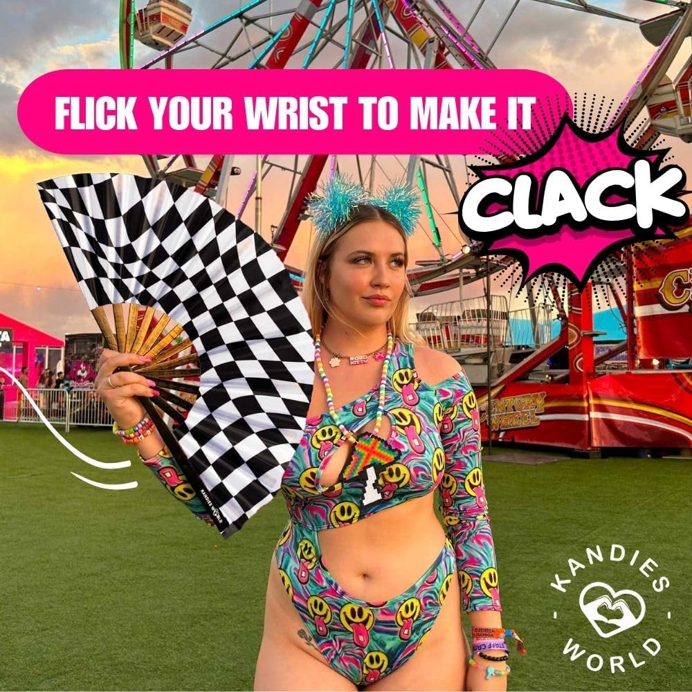 Kandies World Custom Festival Folding Hand Fan - Unique Designs, Made of Bamboo, Clacking Sound, Lightweight - Perfect Rave and Festival Accessory!