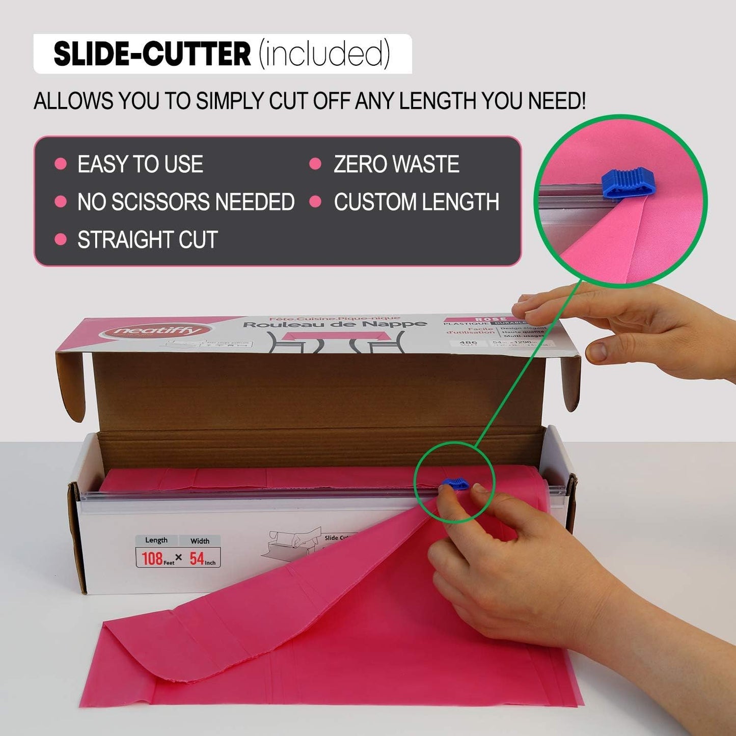 Neatiffy Disposable Plastic Table Cloth Roll | 54 in x 108 Ft Waterproof Tablecloth | Table Cover for Rectangle, Square, Round Oval Tables | Picnic, Party, Banquet, Birthdays, Weddings - Pink