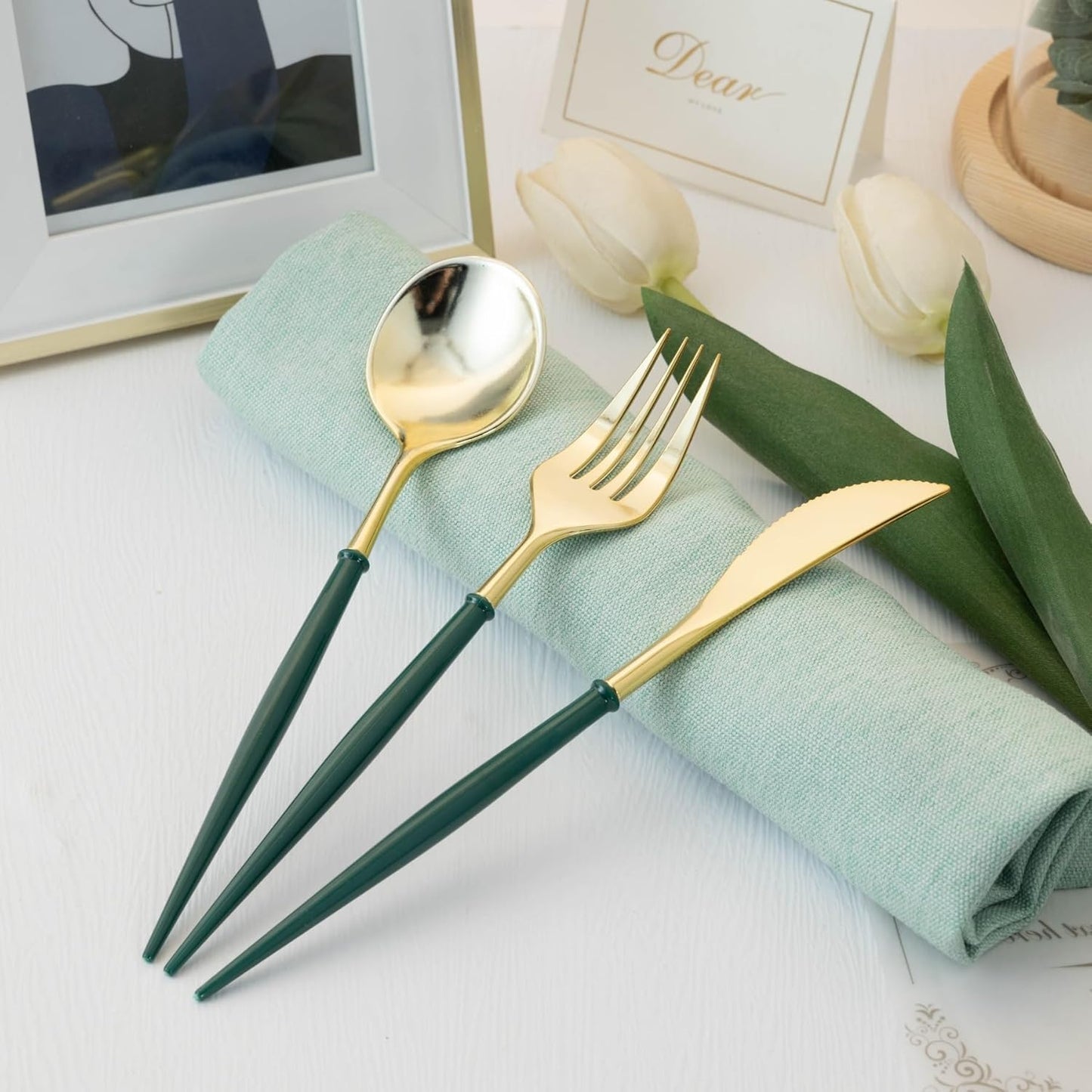 Lullaby 90PCS Gold Plastic Silverware - Utensils Plastic Disposable with Green Handles, Gold Plastic Cutlery with 30 Knives, 30 Forks, 30 Spoons, Ideal for Wedding, Party, Gathering, Daily Use