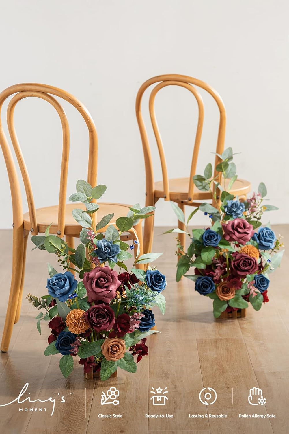 Ling's Moment 17.5" Tall Standing Artificial Flowers Arrangements 4pcs Fall Wedding Aisle Runner Chair Decorations Burgundy & Navy Blue Centerpieces for Ceremony Reception Rose Floral Party Outdoor