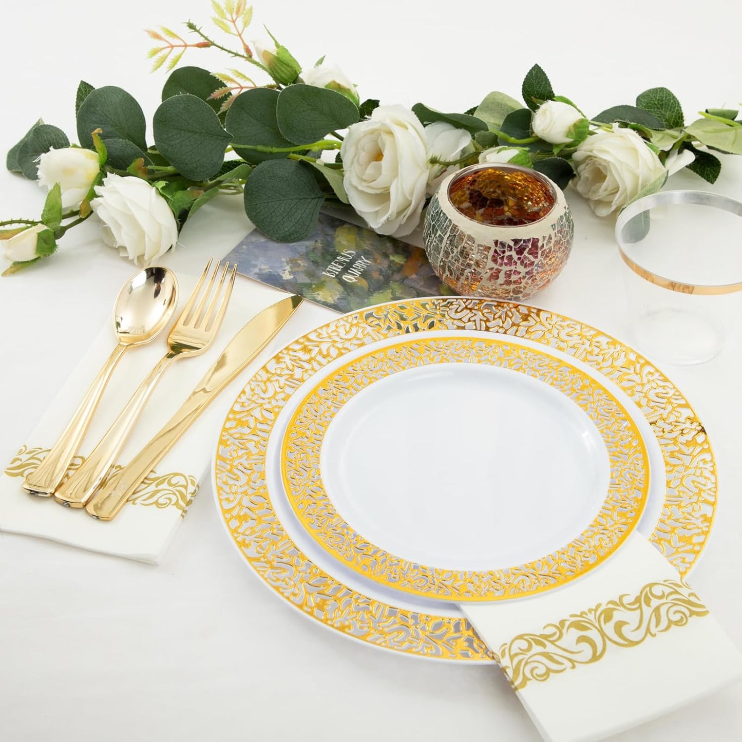 WELLIFE 350Pcs Gold Dinnerware Sets, Plates and Napkins Party Supplies Include:50 Dinner Plates, 50 Dessert Plates, 50 Paper Napkins, 50 Cups, 50 Gold Plastic Cutlery Set