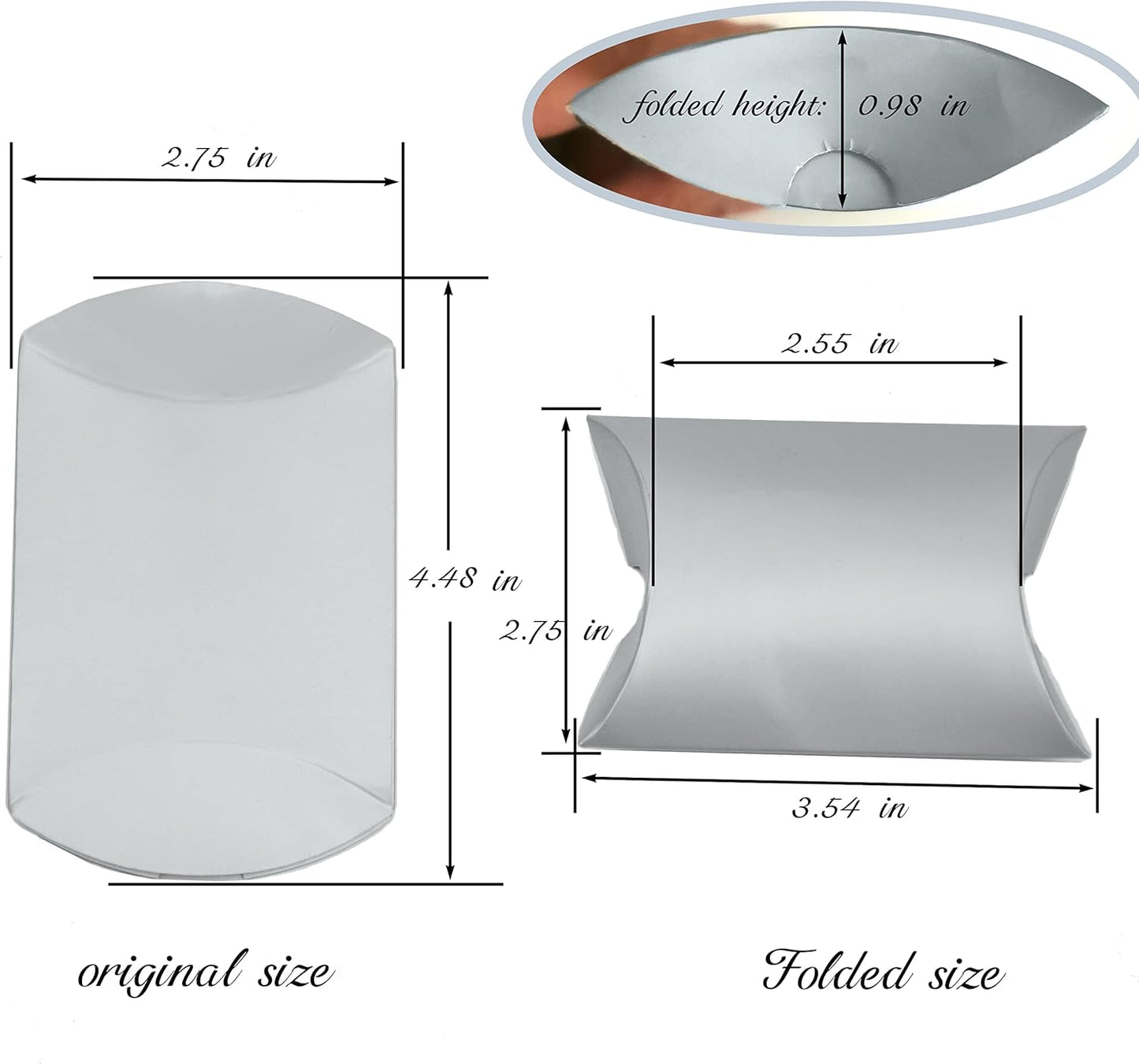 Aokbean 100 Pack Mini Pillow Candy Box Small Gift Boxes with 50 Yards Ribbon for Christmas Wedding Party Favor Gift, Jewelry or Soap Packaging (Pure Silver)