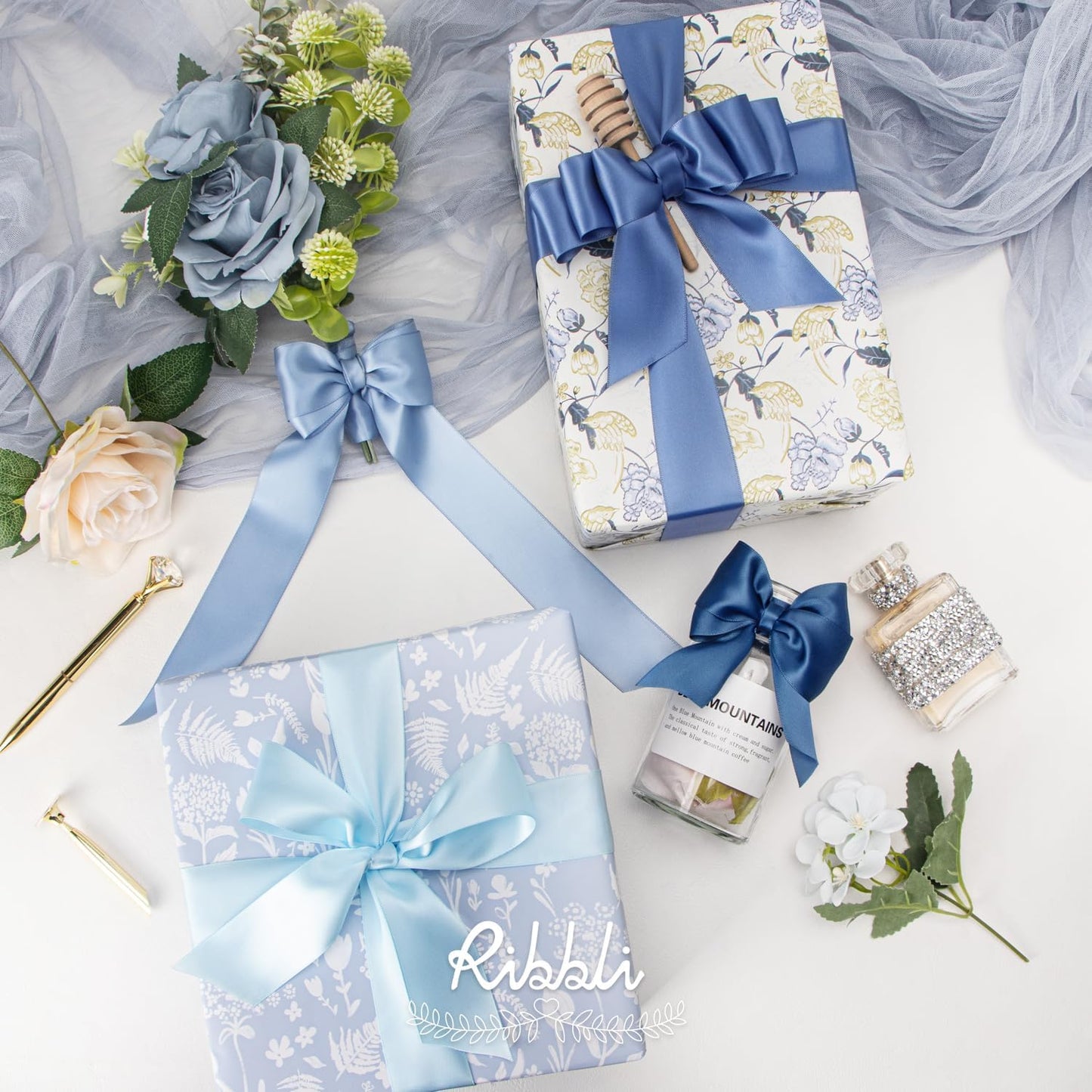 Ribbli Dusty Blue Satin Ribbon 1-1/2 Inch x 4 Rolls Total 40 Yards- Light Blue/Dusty Blue/Smoke Blue/Light Navy Ribbon for Gift Wrapping Craft Wedding Decoration