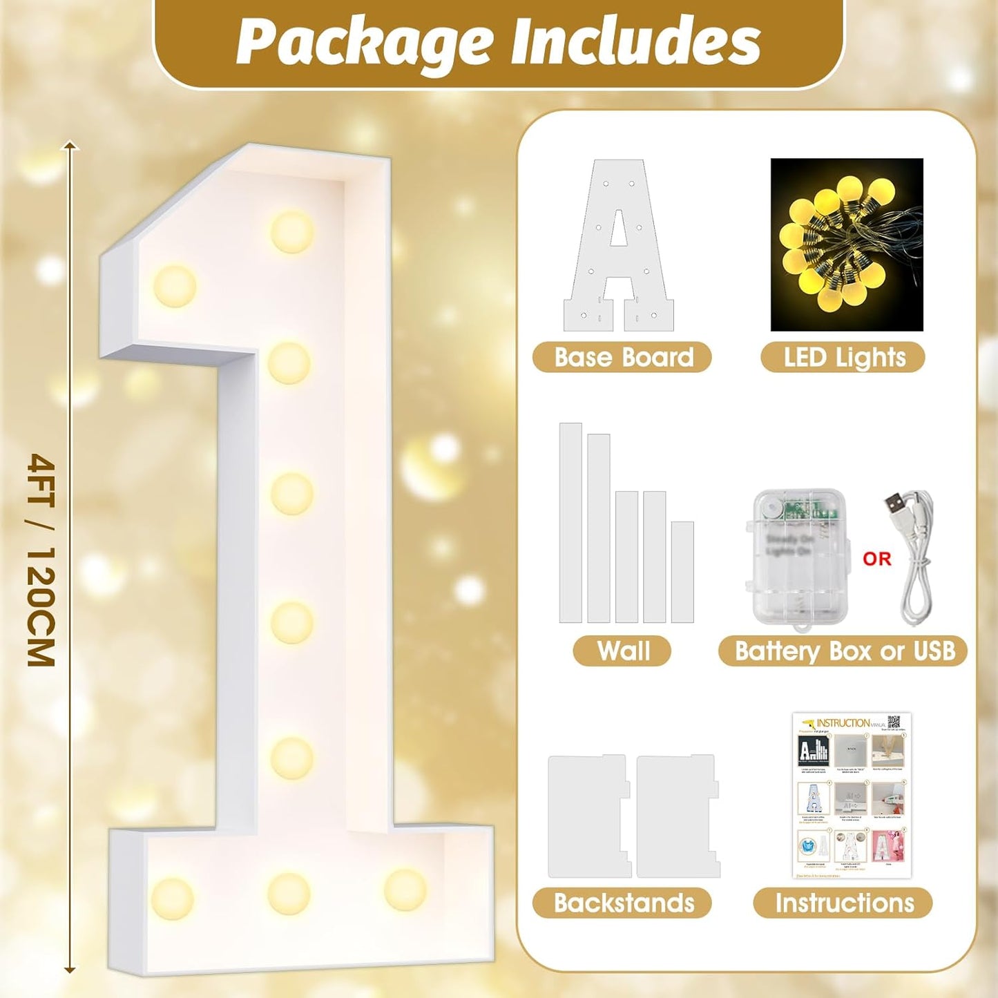 Ledido 4FT Marquee Light Up Numbers Large Light Up Letters for Party Decoration, Marquee Numbers for 2nd 20th Birthday Anniversary, Pre-cut Foam Board Assembly Required Number 2