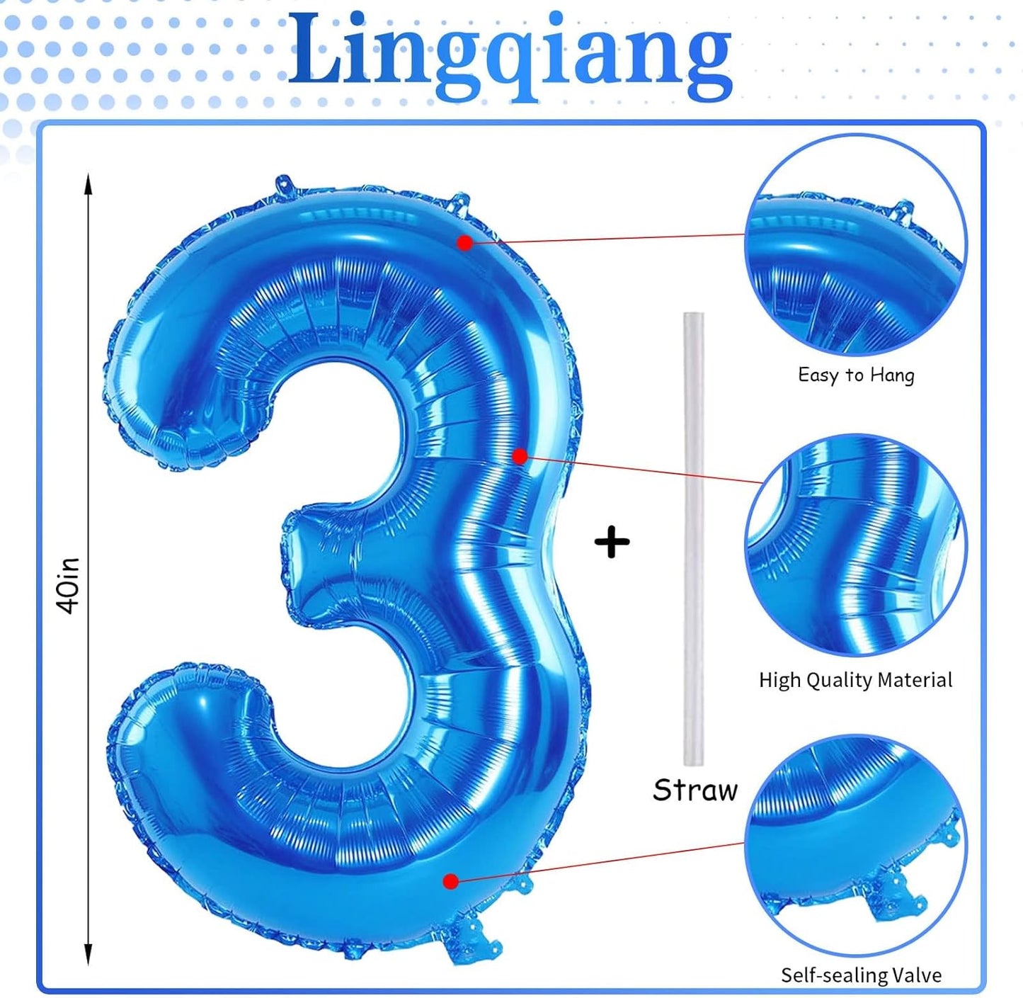 40 Inch Balloon Number 3 Blue, Large Foil Number Balloons Set 0-9, Digital 3 Helium Balloons for Boys Men 3rd 13th 30th Birthday Anniversary Graduation New Year's Eve Party Decoration Supplies
