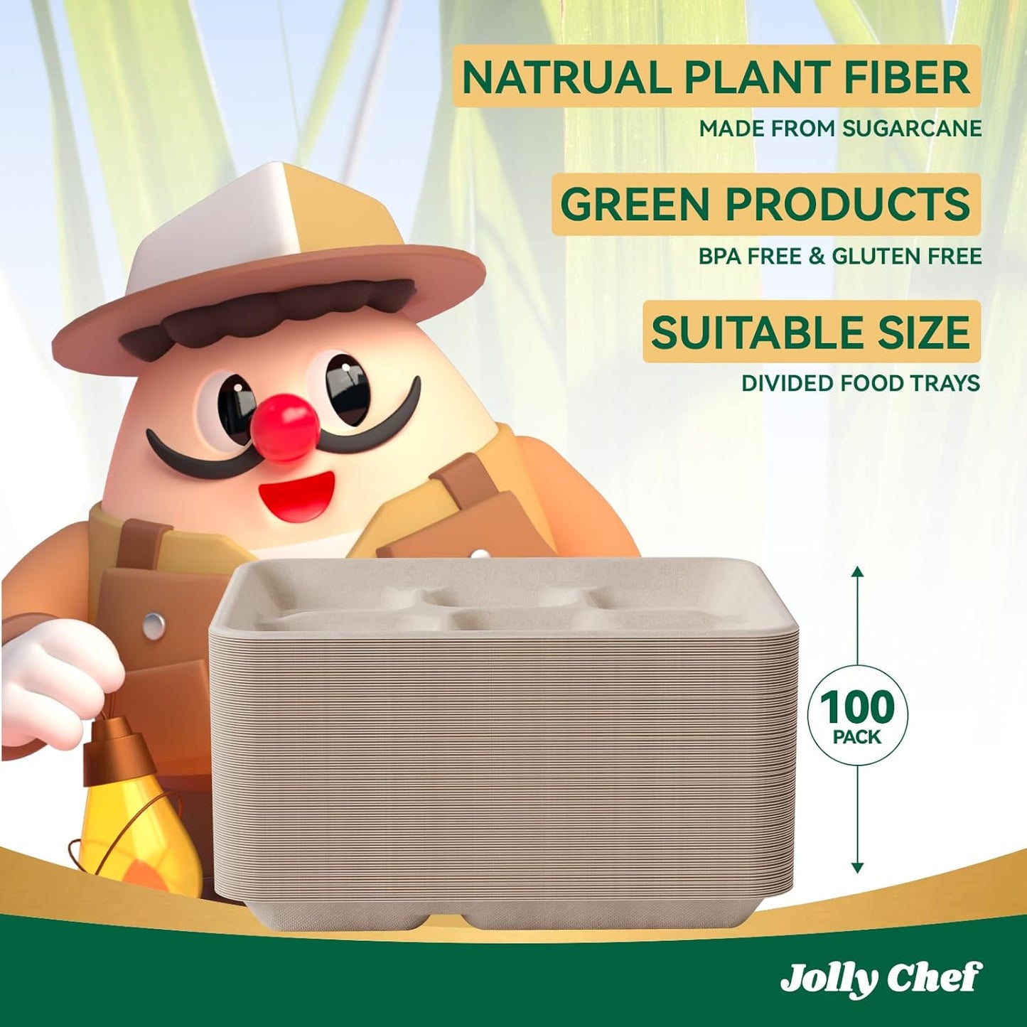 JOLLY CHEF Compostable 𝟱 Compartment 𝟭𝟭 * 𝟴 𝗶𝗻𝗰𝗵 Paper Plates [𝟭𝟬𝟬 𝗣𝗮𝗰𝗸] Heavy Duty Small Natural Divided Eco-Friendly Biodegradable Containers Food Trays for Dinner Lunch Buffet