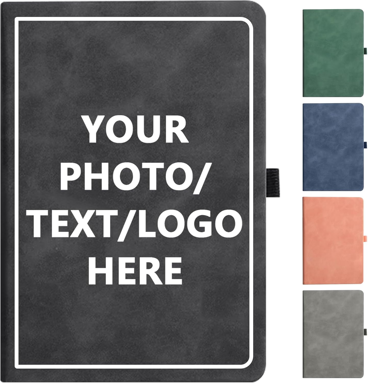 Personalized Notebook Custom Journal Notebook PU Leather A5 Can Customized with Logo/Text/Image- 192 Lined Pages 8.3 x 5.9 Inch, Pen Loop, Elastic Band, Grey Hardcover