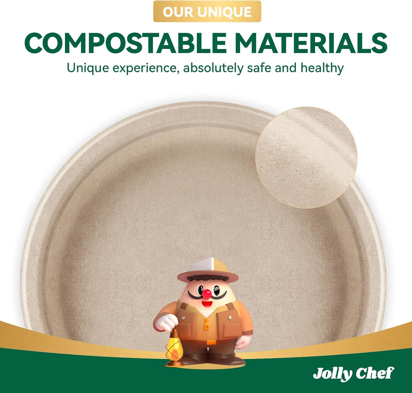 JOLLY CHEF Compostable Heavy Duty Plates 𝟭𝟬 𝗜𝗻𝗰𝗵 [𝟯𝟬𝟬 𝗣𝗮𝗰𝗸] Eco-Friendly Disposable Paper Plates Made of Bagasse Biodegradable Bulk for Party Dinner Sugarcane Fibers Round (Natural)