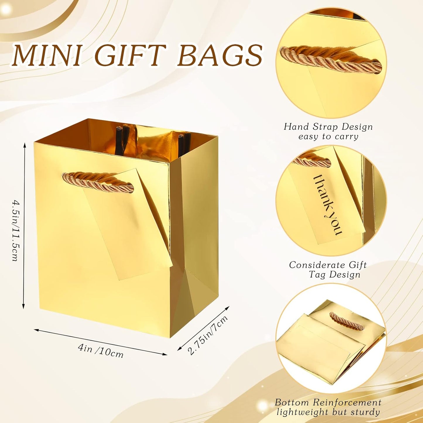 Sherr 100 Pack Mini Gift Bags Bulk, 4 x 2.75 x 4.5 Inches Paper Bags with Tags, Extra Small Paper Gift Boxes with Handles for Birthday, Party Favors, Weddings, Small Business(Gold)