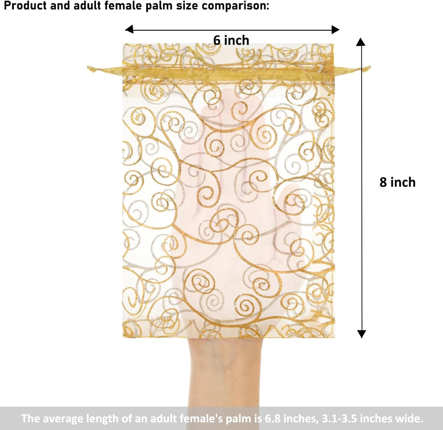 Staruby Organza Gift Bags 50 Pcs Gold Sheer Organza Bag 6x8 Inch Mesh Favor Bags Drawstring Jewelry Rattan Printed Gift Pouches for Wedding Party Favors Couple Shower Christmas Gifts Candy Bags