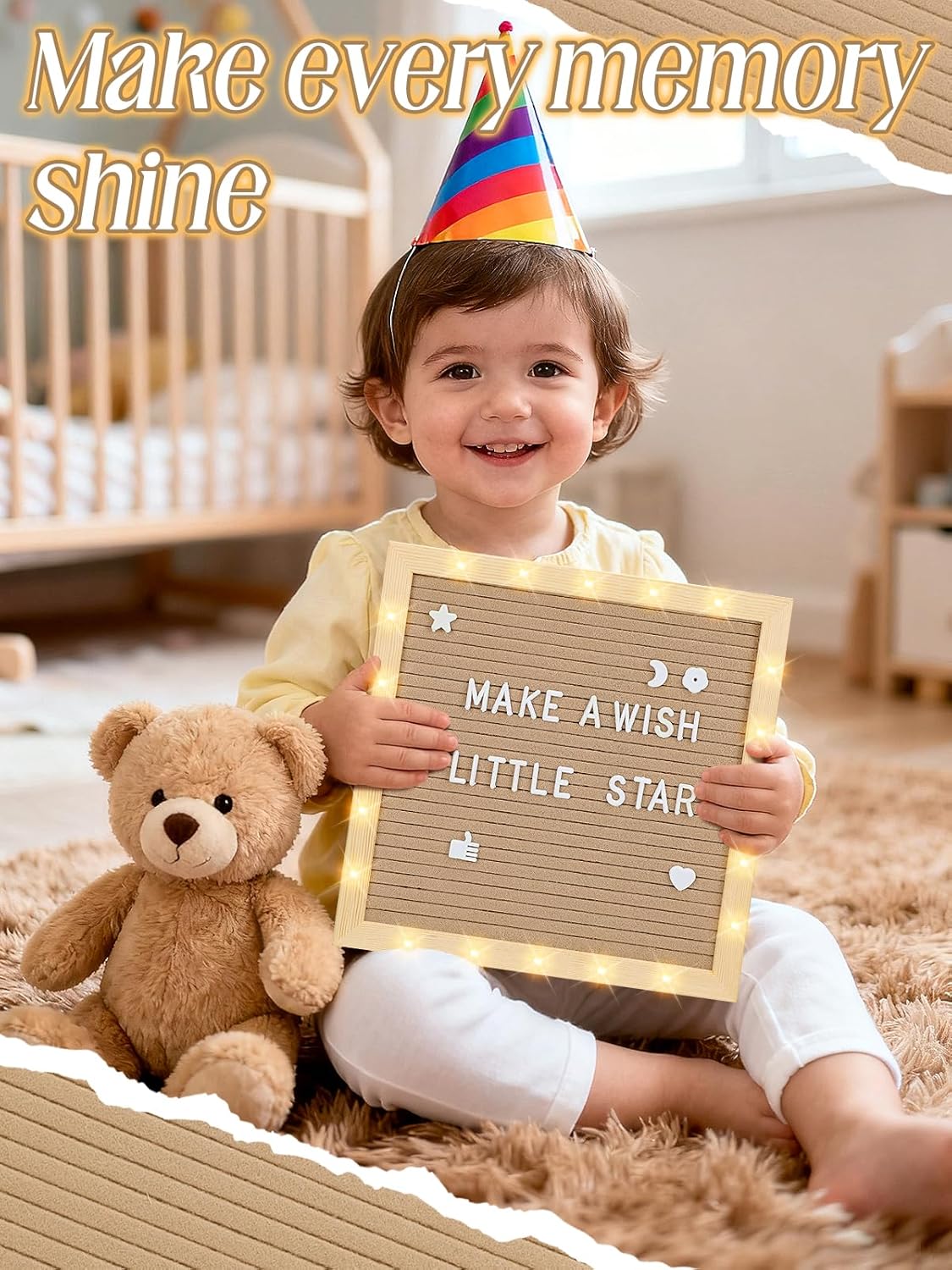 Light up Changeable Felt Letter Board Sign with LED Lights - 10×10" Message Board & Wood Stand & 450 Letters, for Halloween/Birthday/Event/Pregnancy/Baby Announcement/Home Wall Decor Gifts, Camel