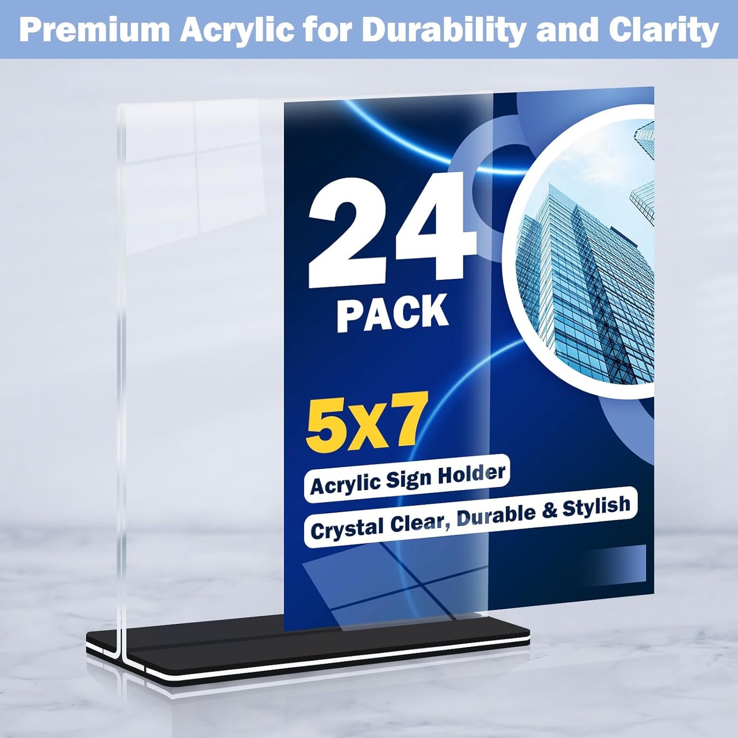 Acrylic Sign Holder 5 x 7, 24 Pack Clear Double-Sided Acrylic Display Stand for Vertical Tabletop Use, Perfect for Menus, Flyers, and Paper in Restaurants, Hotels, Office