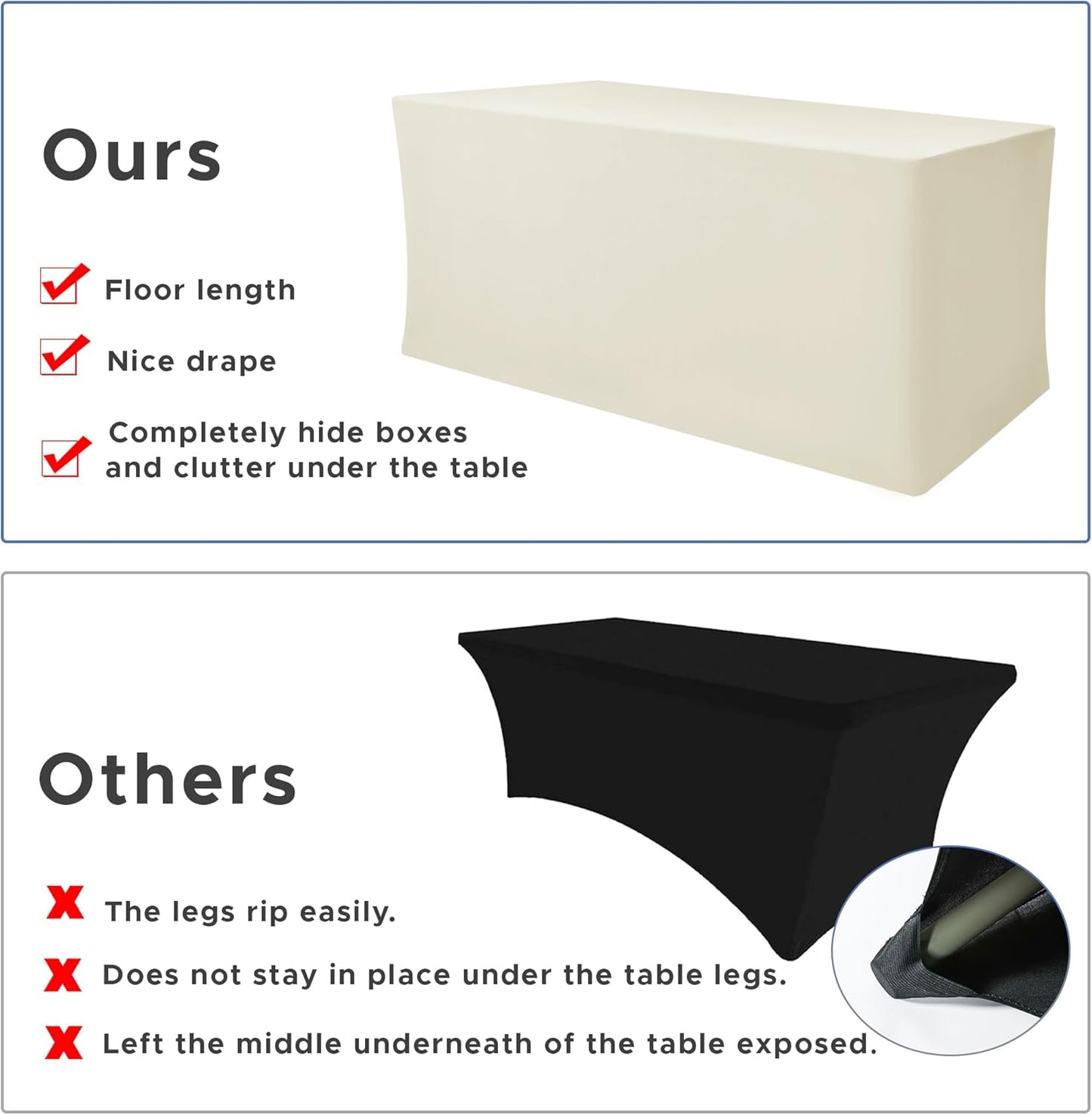 Nasitos Fitted Table Covers Stretch Spandex - 96 x 30 Inch - 2 Pack Beige Rectangle Table Clothes for 8 Foot Folding Tables, Fabric Tablecloths for Parties, Trade Show, Craft Show, Birthday