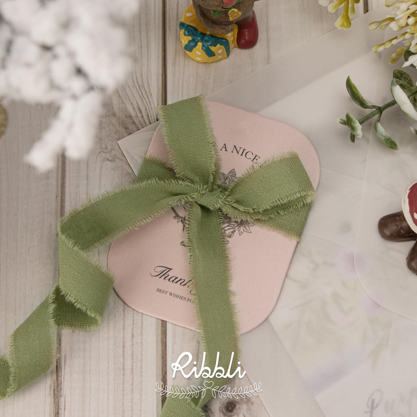 Ribbli 3 Rolls Sage Green Ribbon 5/8 Inch x 18Yards Handmade Cotton Frayed Fringe Ribbons for Gift Wrapping Wedding Invites Bridal Bouquets Baby Shower DIY Crafts Home Decor