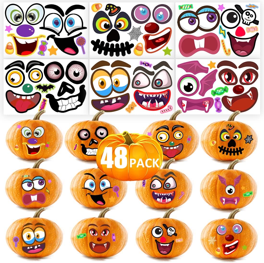 48Packs Pumpkin Decorating Kit, Make Your Own Small Pumpkin face Stickers, Halloween Pumpkin Decorating Stickers for Kids Halloween Party Favors