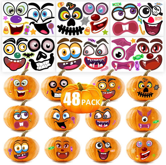 48Packs Pumpkin Decorating Kit, Make Your Own Small Pumpkin face Stickers, Halloween Pumpkin Decorating Stickers for Kids Halloween Party Favors