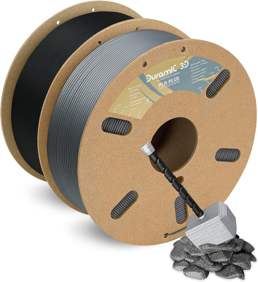 DURAMIC 3D 1.75mm 2Kg Black + Silver PLA Plus 3D Printer Filament 2 Pack 1kg Spool (2.2lbs) PLA Pro Tougher and Stronger, Dimensional Accuracy +/- 0.02mm