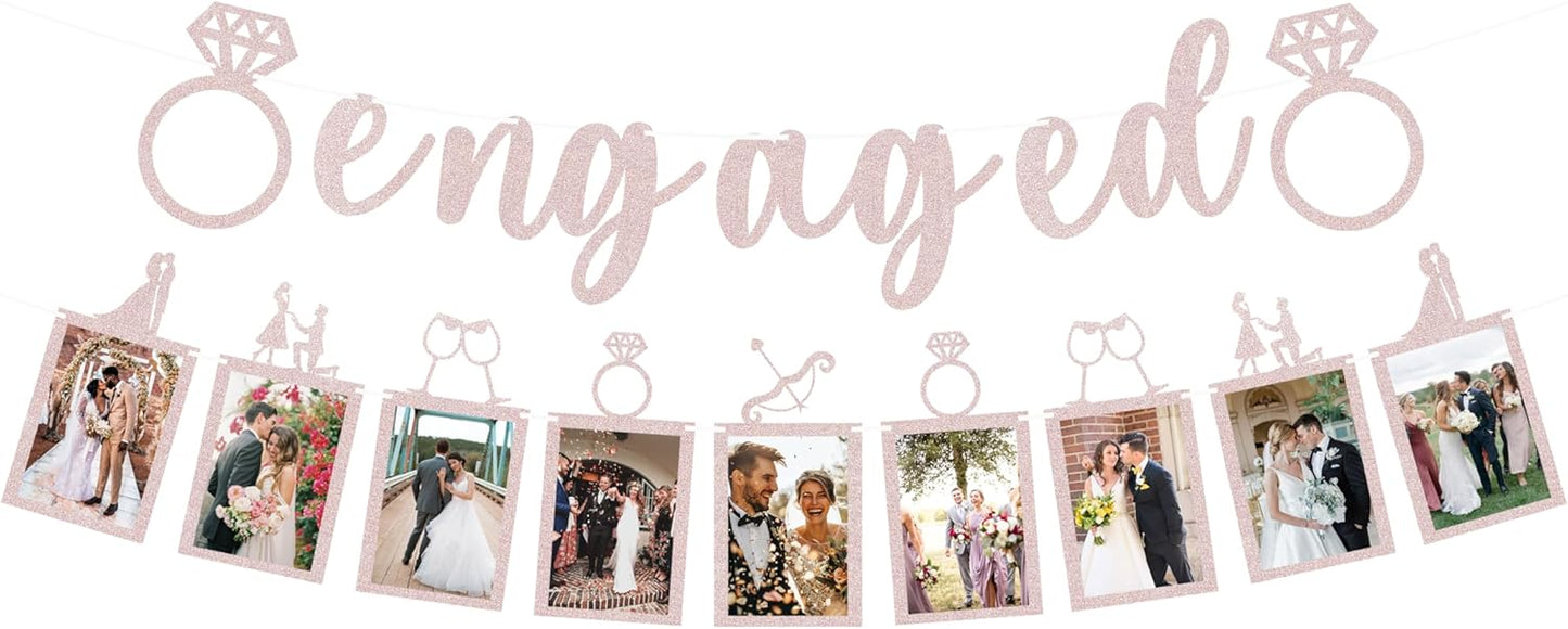 Pre-Strung Engaged Photo Banner - Rose Gold Glitter Engagement Party Decoration Supplies with Romantic Memories Picture Card Frames for Bachelorette, Bridal Shower, Wedding Party Photo Booth Props