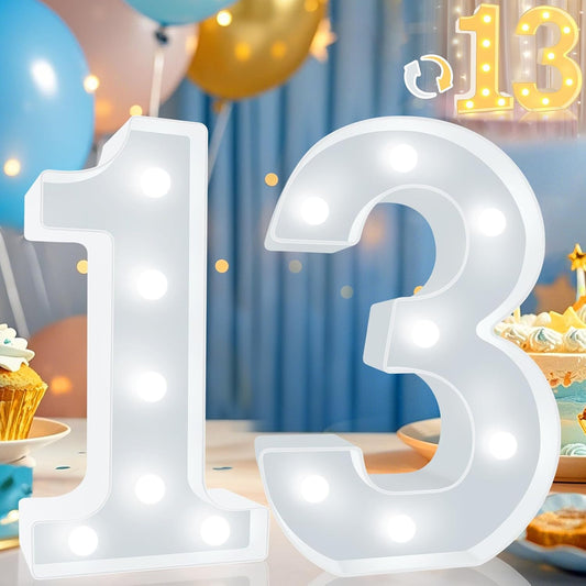 Pooqla 13th Birthday Decoration for Girls Boys, Decorative LED Light Up Numbers, Marquee Numbers 13 Sign for Party Backdrop 13th Wedding Anniversary Decor, Warm White and Cool White Number 13