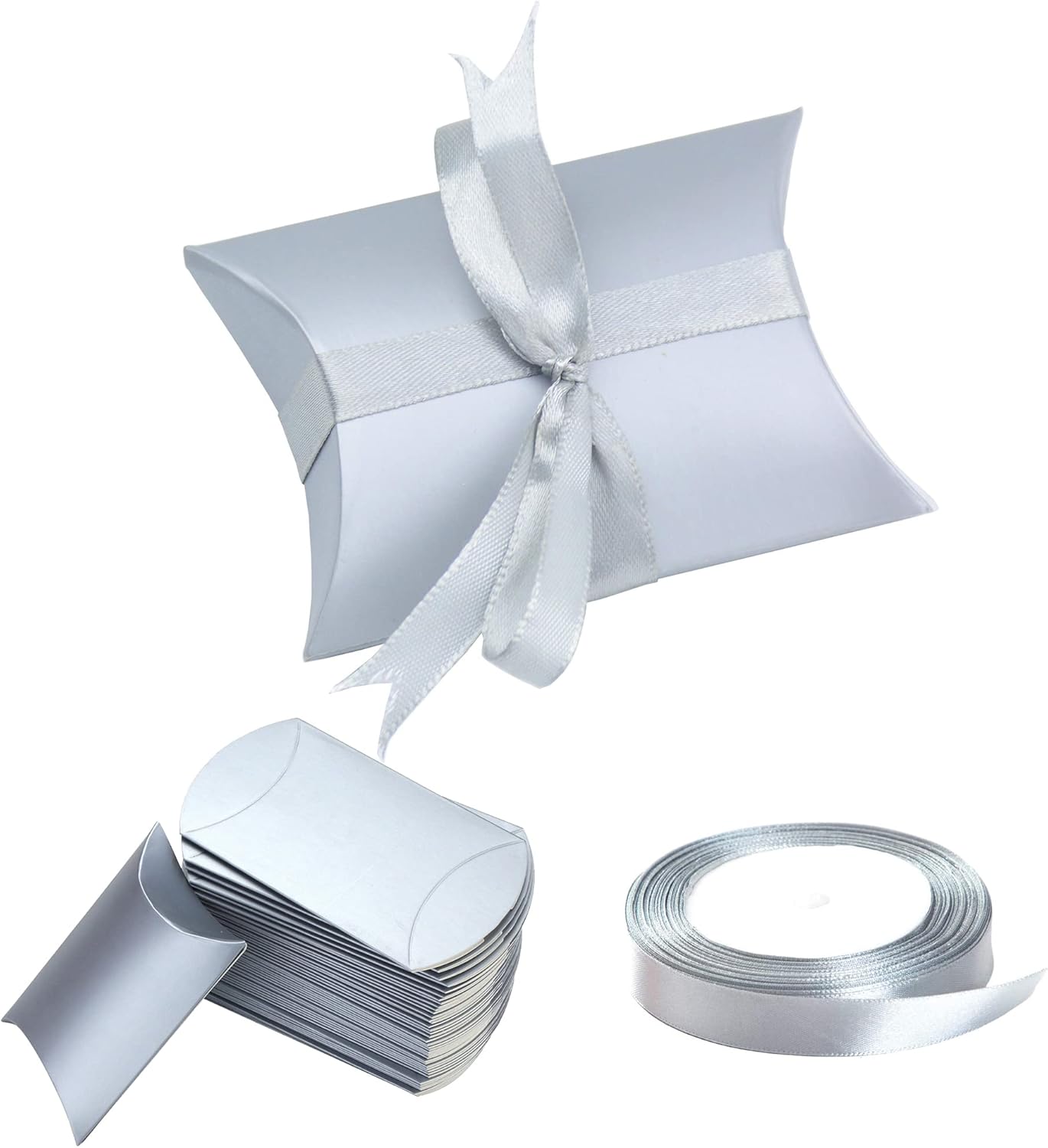 Aokbean 100 Pack Mini Pillow Candy Box Small Gift Boxes with 50 Yards Ribbon for Christmas Wedding Party Favor Gift, Jewelry or Soap Packaging (Pure Silver)
