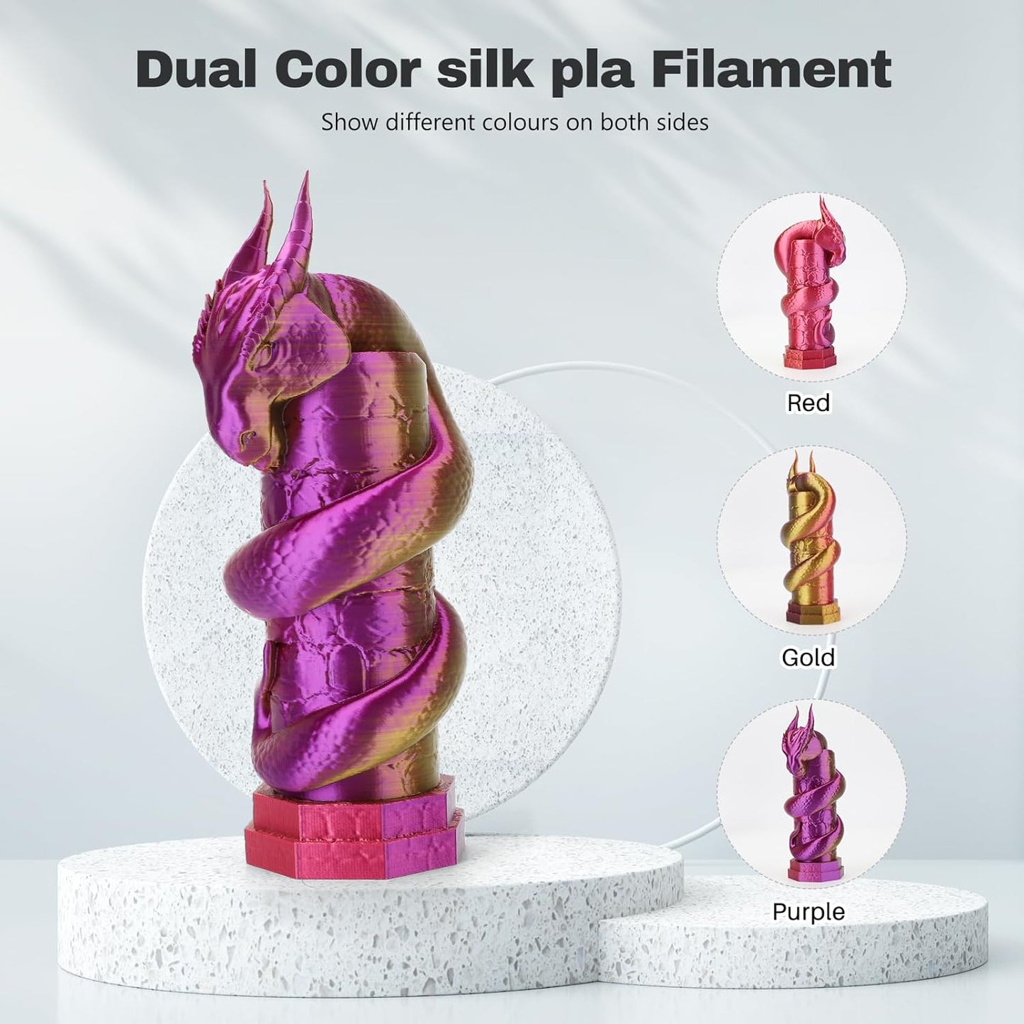 Silk PLA Filament 1.75mm Red Gold Purple Triple Color PLA 3D Printer Filament 3 in 1 Coextrusion 1KG Spool(2.2lbs) 3D Printing Filament Dimensional Accuracy +/- 0.03mm