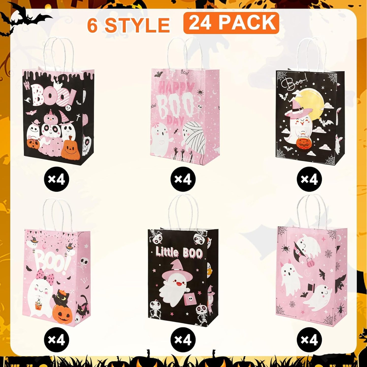 24 Pcs Halloween Paper Gift Bags, 6 Styles Halloween Goodie Bags with Handles, Halloweens Treat Bag Party Favors Bag Holiday Trick or Treat Party Supplies