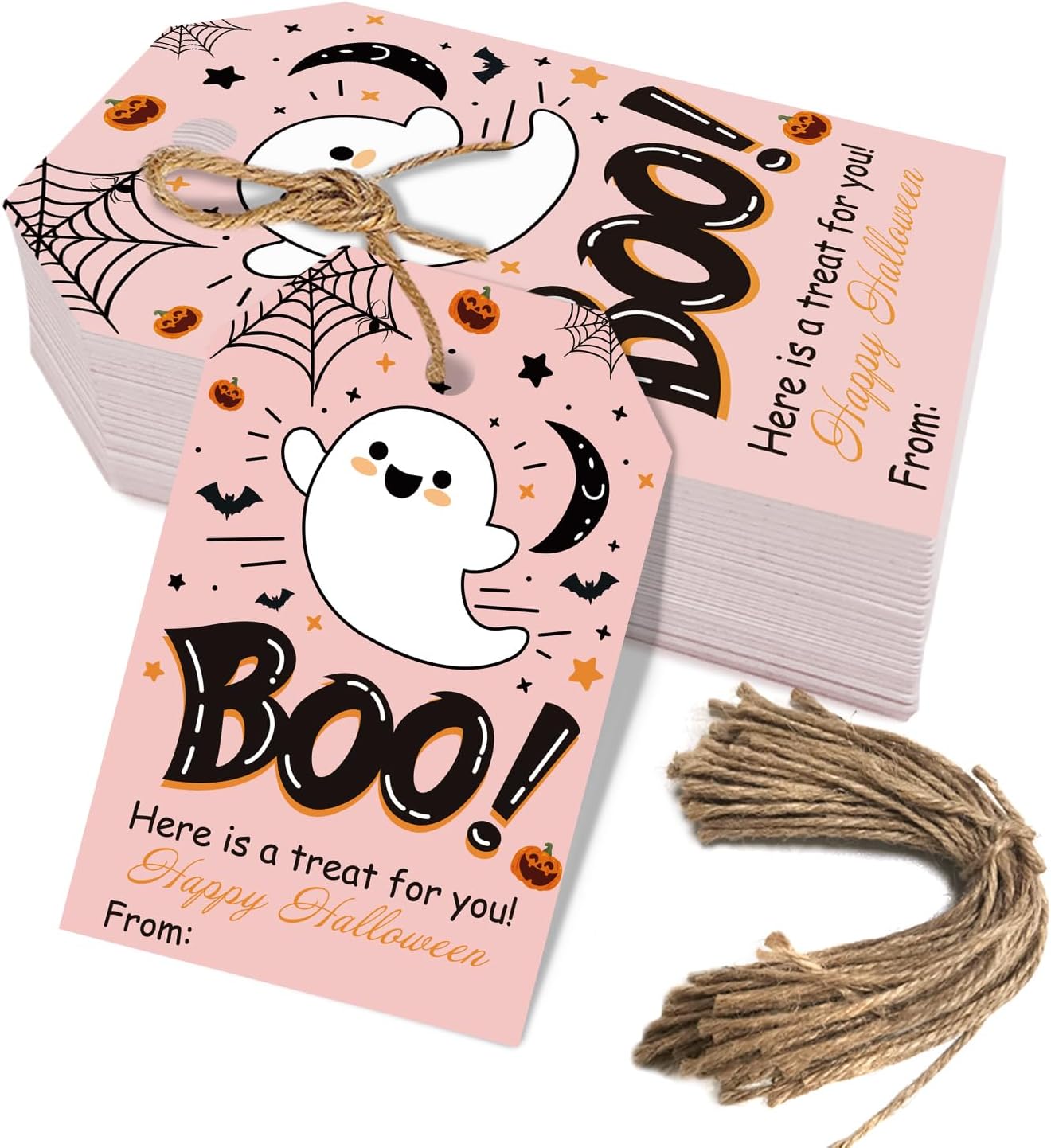 Aukolass 50Pcs Boo Gift Tags, Halloween Treat Tag for Spooky Girl Ghost Party Favor and Gift Wrapping Decoration (Pink Boo)