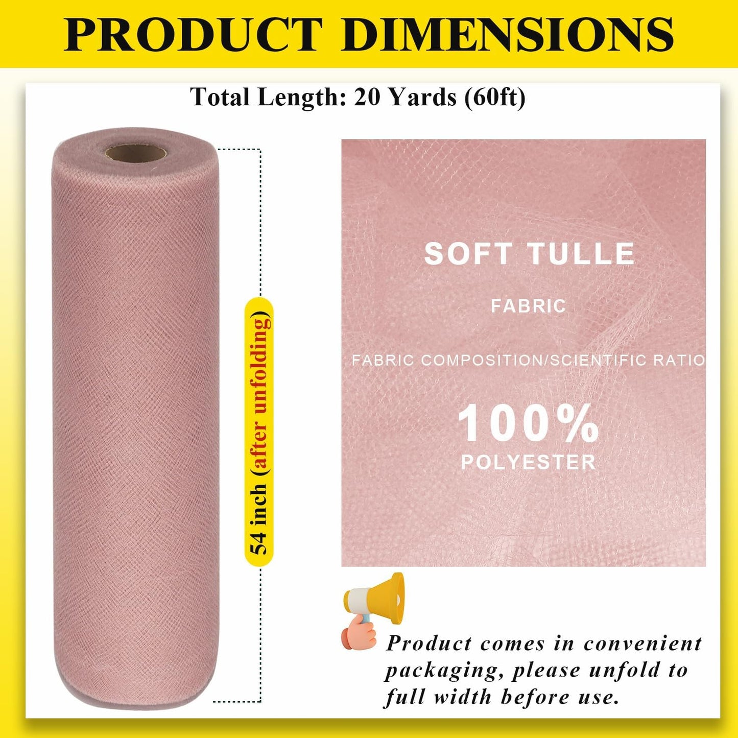 54" by 20 Yards Tulle Fabric Rolls Tulle Ribbon Tutu Spool Bolt for DIY Wedding Decoration Baby Shower Tutu Skirt Gift Wrapping Large Matte Tulle, Roll Packaging (Dusty Rose)