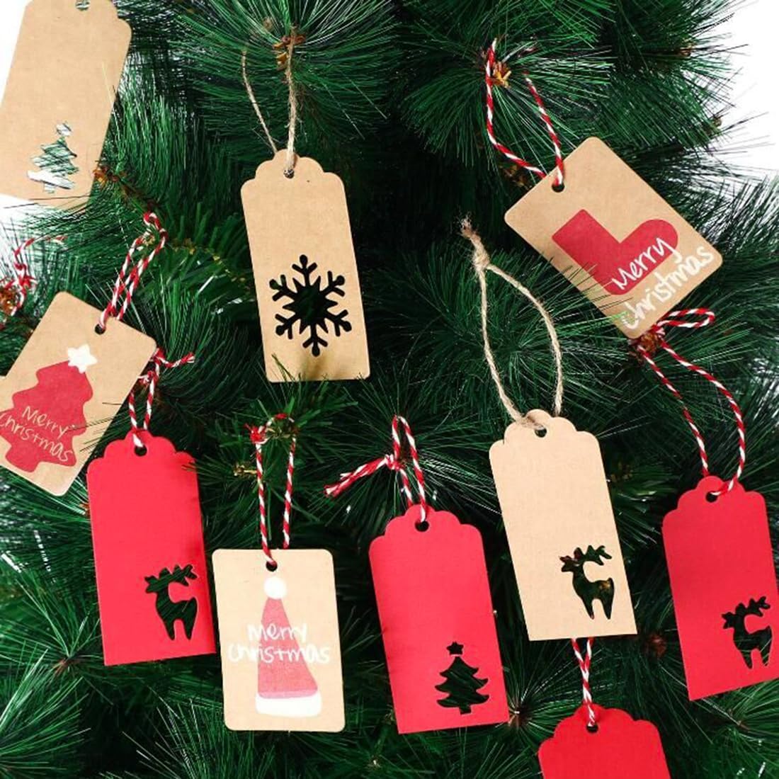 100 Pack Kraft Paper Christmas Gift Tags， Xmas Kraft Gift Tags with Jute Twine Baker Twine for DIY Xmas Holiday Present Wrap Stamp and Label Package Name Card