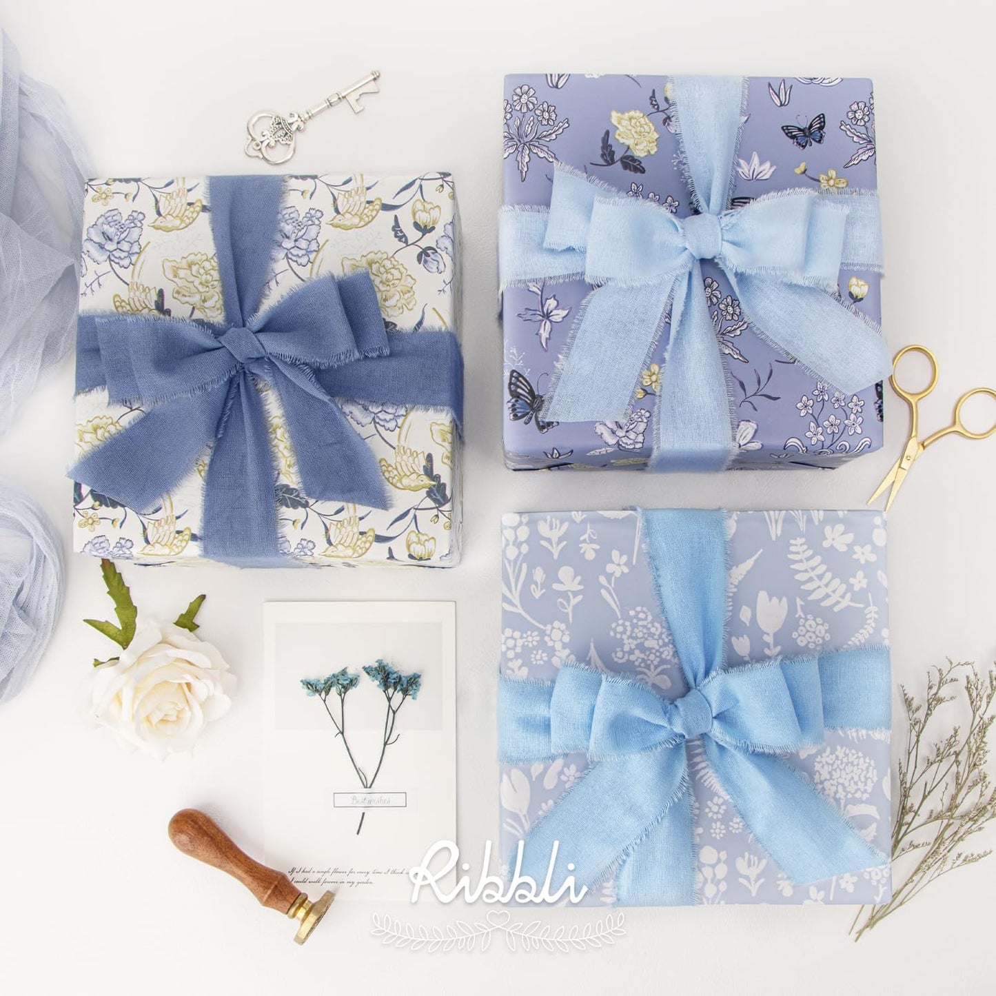 Ribbli 3 Rolls 1.5 Inch x 18Yards Light Blue Baby Blue Dusty Blue Handmade Cotton Frayed Fringe Ribbons for Gift Wrapping Wedding Invites Bridal Bouquets Baby Shower DIY Crafts Home Decor