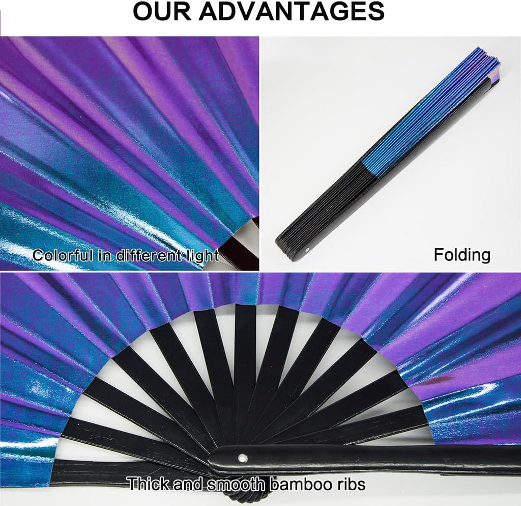 Large Rave Fan, Clack Folding Hand Fan with Premium Fabric, Thick Bamboo Frame for Men Women Gift for EDM, Festival, Club, Party, Dance, Decoration (Holographic Blue-Purple, 11")