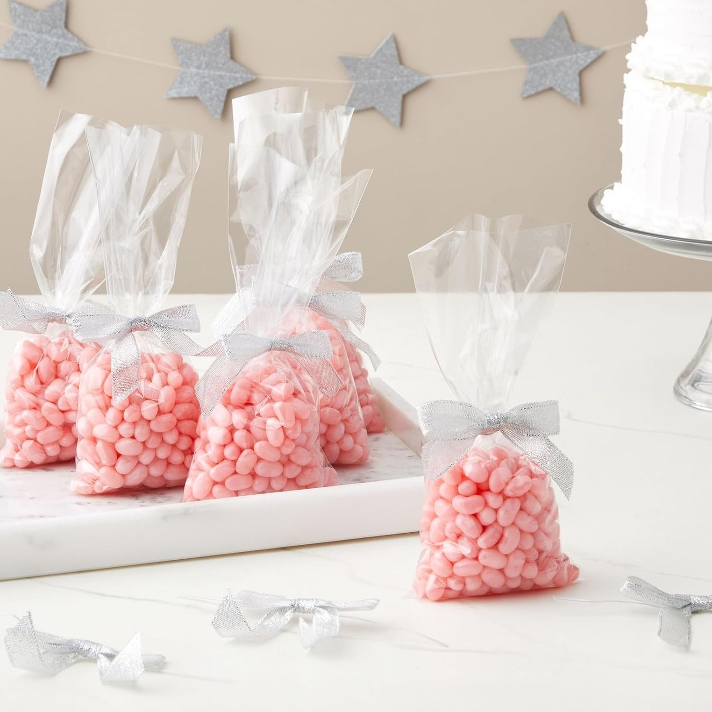 Bright Creations Mini Silver Ribbon Bows - 3-Inch, Silver, 100 Count, Polyester Satin - Twist Tie Bows for Treat Bags, Party Favors & Crafts