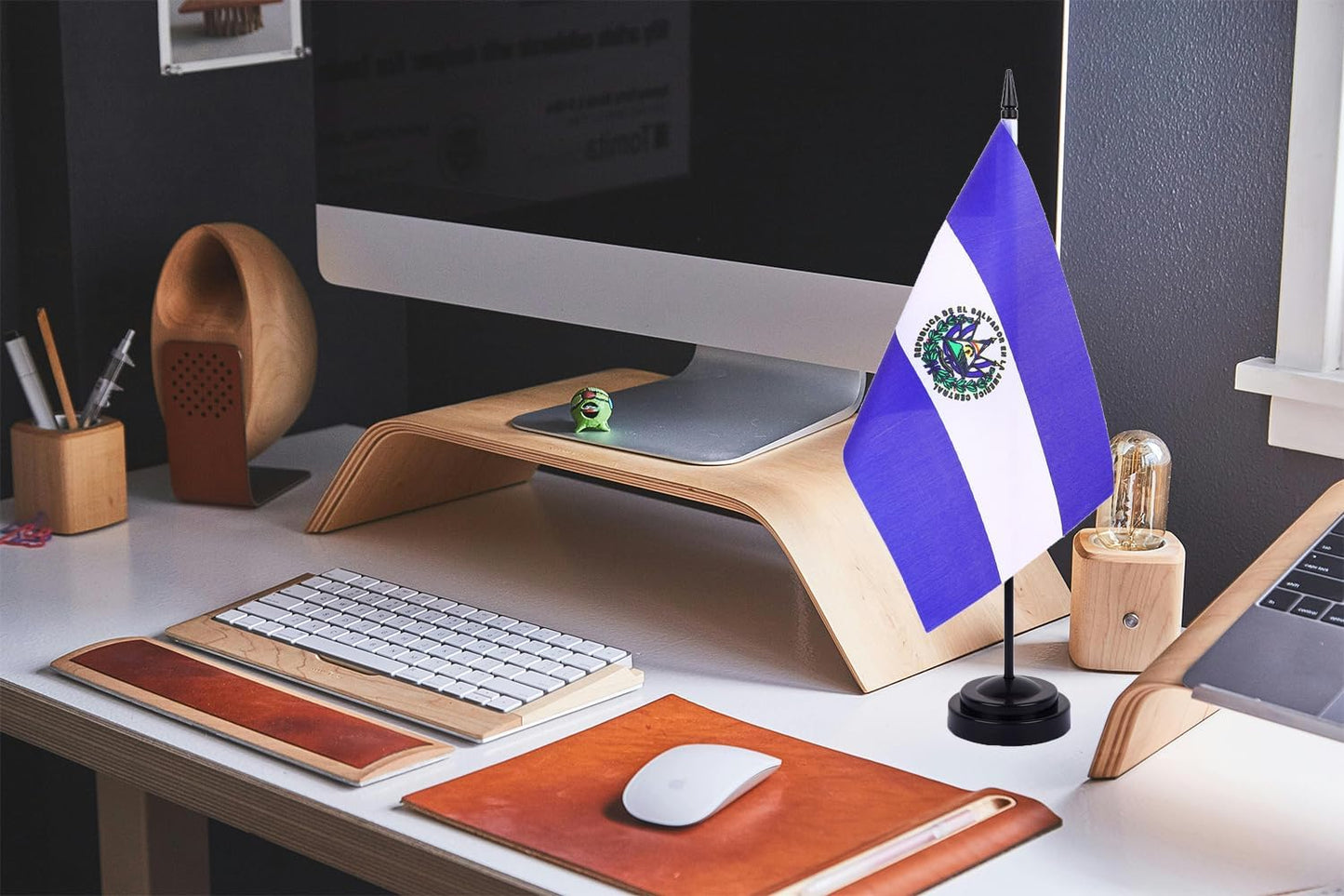 WXTWK 2 Pack Salvador Flag Salvador Deluxe Desk Flag Set - Mini Small El Salvador Table Office Flags with Black 12" Solid Pole Stand Base Classroom Meeting Desktop Decorations